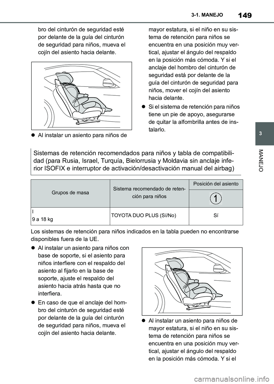 TOYOTA SUPRA 2021 Manuale de Empleo (in Spanish) 149
3 3-1. MANEJO
MANEJO
Supra Owners Manual_S (from Nov. 20 Prod.)bro del cinturón de seguridad esté
por delante de la guía del cinturón
de seguridad para niños, mueva el
cojín del asiento TOYOTA SUPRA 2021 Manuale de Empleo (in Spanish) 149
3 3-1. MANEJO
MANEJO
Supra Owners Manual_S (from Nov. 20 Prod.)bro del cinturón de seguridad esté
por delante de la guía del cinturón
de seguridad para niños, mueva el
cojín del asiento
