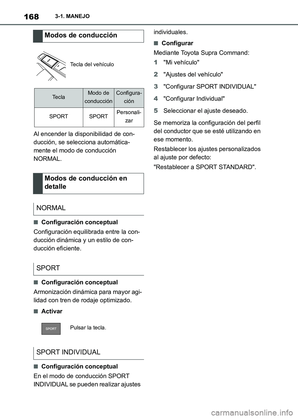 TOYOTA SUPRA 2021 Manuale de Empleo (in Spanish) 1683-1. MANEJO
Supra Owners Manual_S (from Nov. 20 Prod.)Al encender la disponibilidad de con-
ducción, se selecciona automática-
mente el modo de conducción
NORMAL.
■Configuración conceptual TOYOTA SUPRA 2021 Manuale de Empleo (in Spanish) 1683-1. MANEJO
Supra Owners Manual_S (from Nov. 20 Prod.)Al encender la disponibilidad de con-
ducción, se selecciona automática-
mente el modo de conducción
NORMAL.
■Configuración conceptual