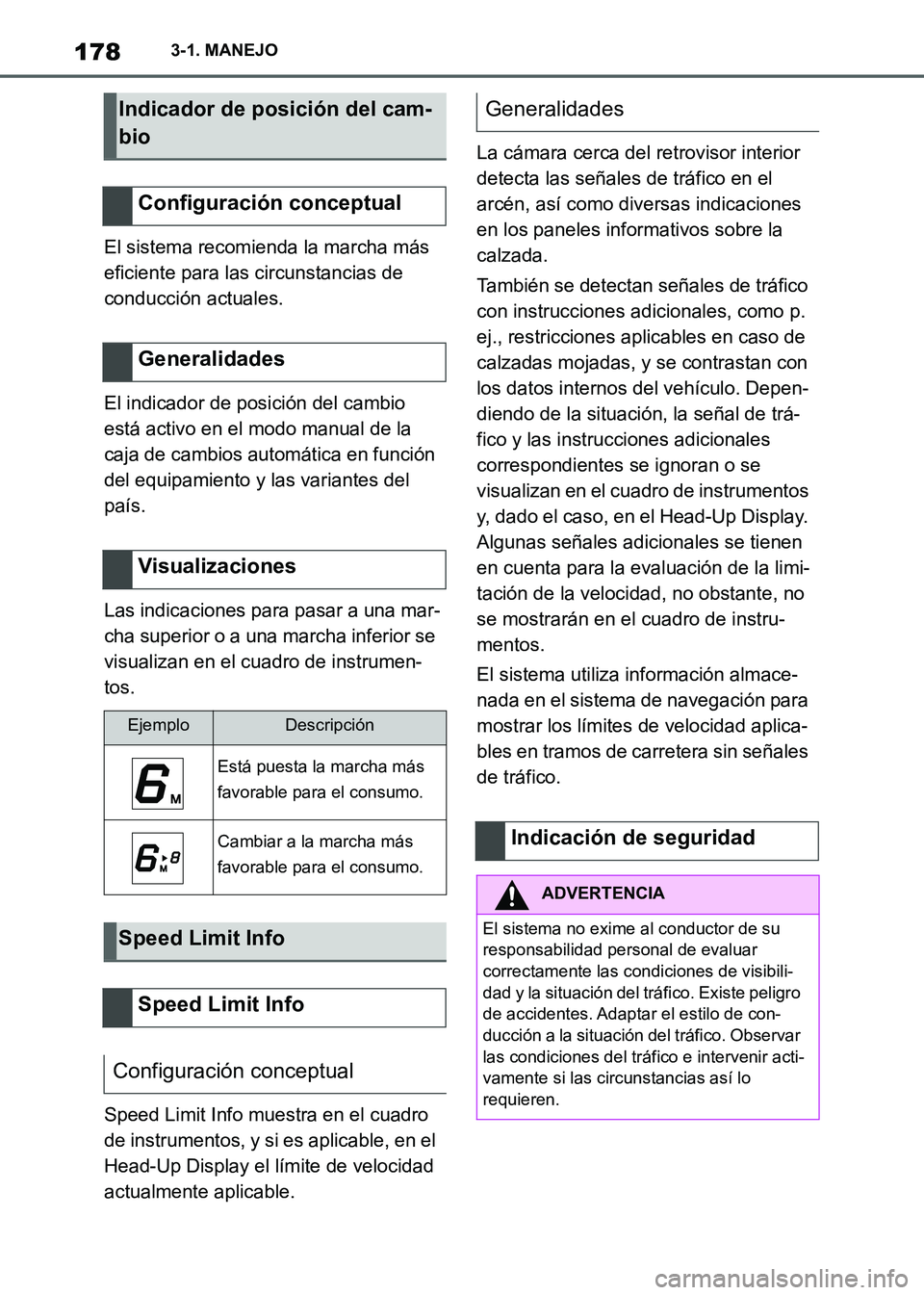TOYOTA SUPRA 2021 Manuale de Empleo (in Spanish) 1783-1. MANEJO
Supra Owners Manual_S (from Nov. 20 Prod.)El sistema recomienda la marcha más
eficiente para las circunstancias de
conducción actuales.
El indicador de posición del cambio
está TOYOTA SUPRA 2021 Manuale de Empleo (in Spanish) 1783-1. MANEJO
Supra Owners Manual_S (from Nov. 20 Prod.)El sistema recomienda la marcha más
eficiente para las circunstancias de
conducción actuales.
El indicador de posición del cambio
está