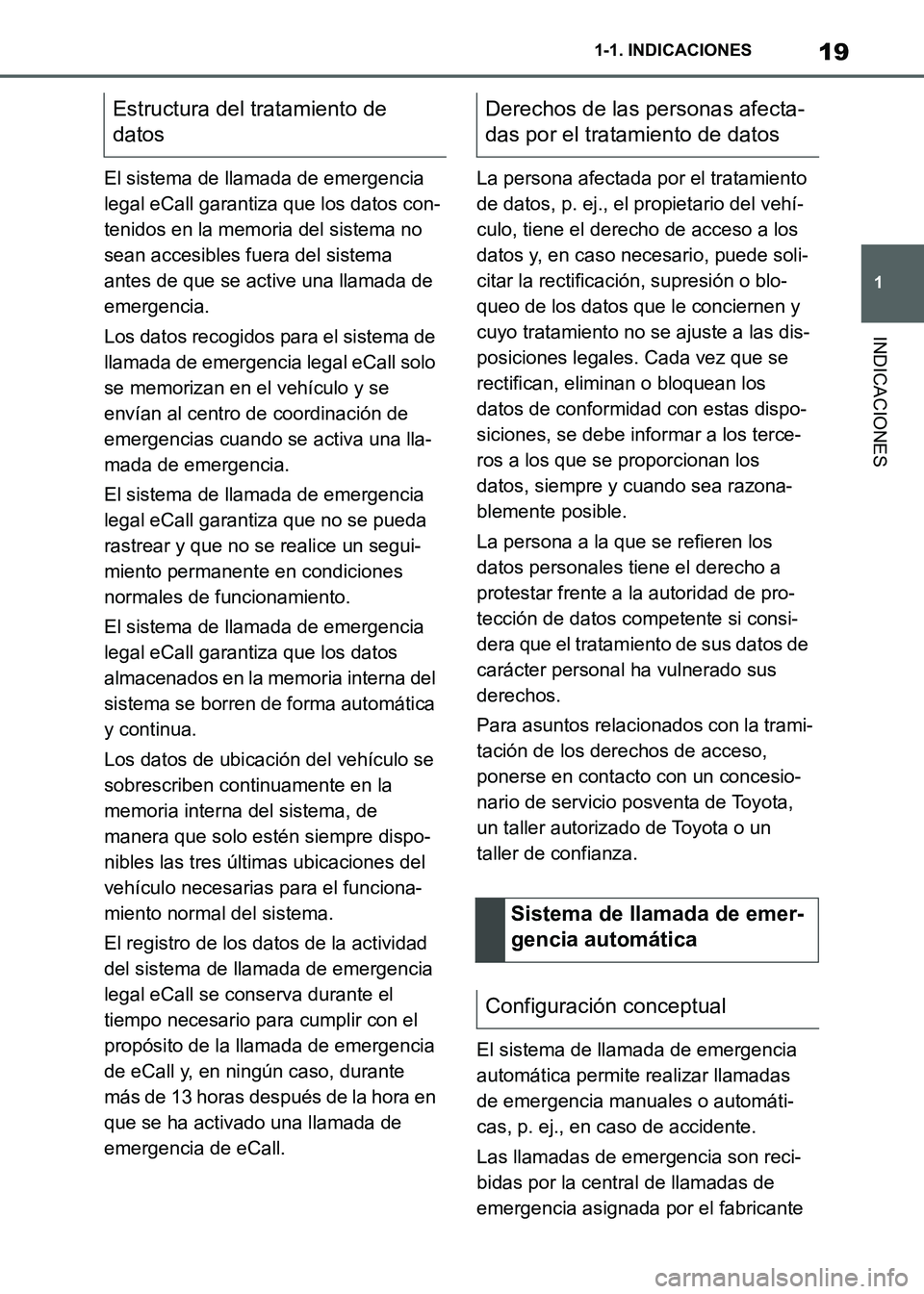 TOYOTA SUPRA 2021  Manuale de Empleo (in Spanish) 19
1 1-1. INDICACIONES
INDICACIONES
Supra Owners Manual_S (from Nov. 20 Prod.)El sistema de llamada de emergencia 
legal eCall garantiza que los datos con-
tenidos en la memoria del sistema no 
sean