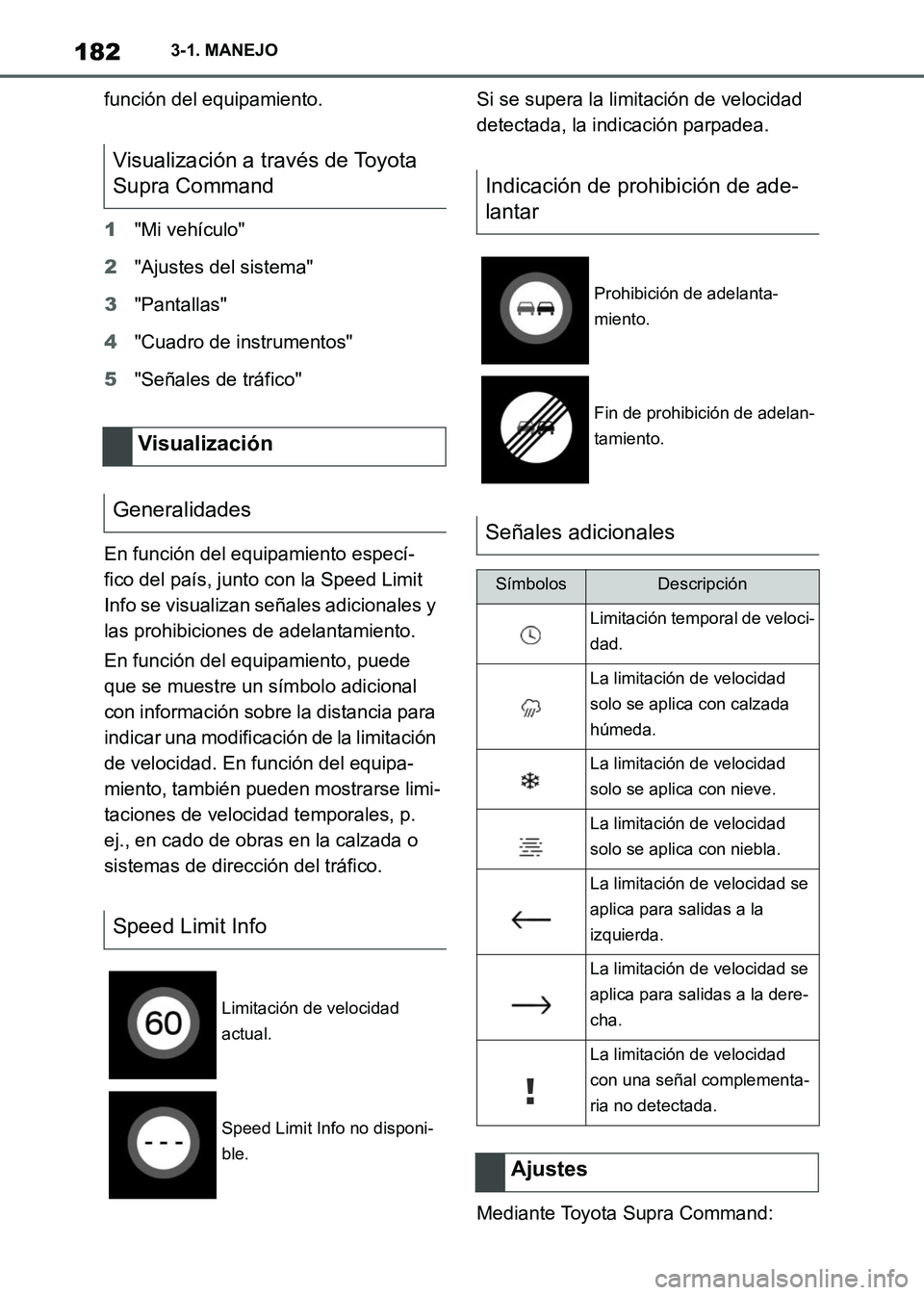 TOYOTA SUPRA 2021 Manuale de Empleo (in Spanish) 1823-1. MANEJO
Supra Owners Manual_S (from Nov. 20 Prod.)función del equipamiento.
1"Mi vehículo"
2"Ajustes del sistema"
3"Pantallas"
4"Cuadro de instrumentos"
5"Señales de tráfico"
En función TOYOTA SUPRA 2021 Manuale de Empleo (in Spanish) 1823-1. MANEJO
Supra Owners Manual_S (from Nov. 20 Prod.)función del equipamiento.
1"Mi vehículo"
2"Ajustes del sistema"
3"Pantallas"
4"Cuadro de instrumentos"
5"Señales de tráfico"
En función