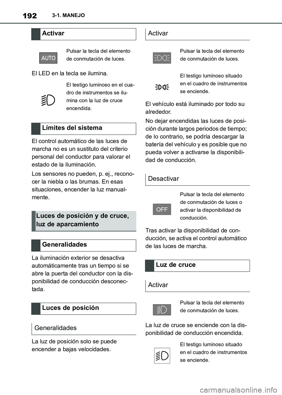 TOYOTA SUPRA 2021 Manuale de Empleo (in Spanish) 1923-1. MANEJO
Supra Owners Manual_S (from Nov. 20 Prod.)El LED en la tecla se ilumina.
El control automático de las luces de
marcha no es un sustituto del criterio
personal del conductor para va TOYOTA SUPRA 2021 Manuale de Empleo (in Spanish) 1923-1. MANEJO
Supra Owners Manual_S (from Nov. 20 Prod.)El LED en la tecla se ilumina.
El control automático de las luces de
marcha no es un sustituto del criterio
personal del conductor para va