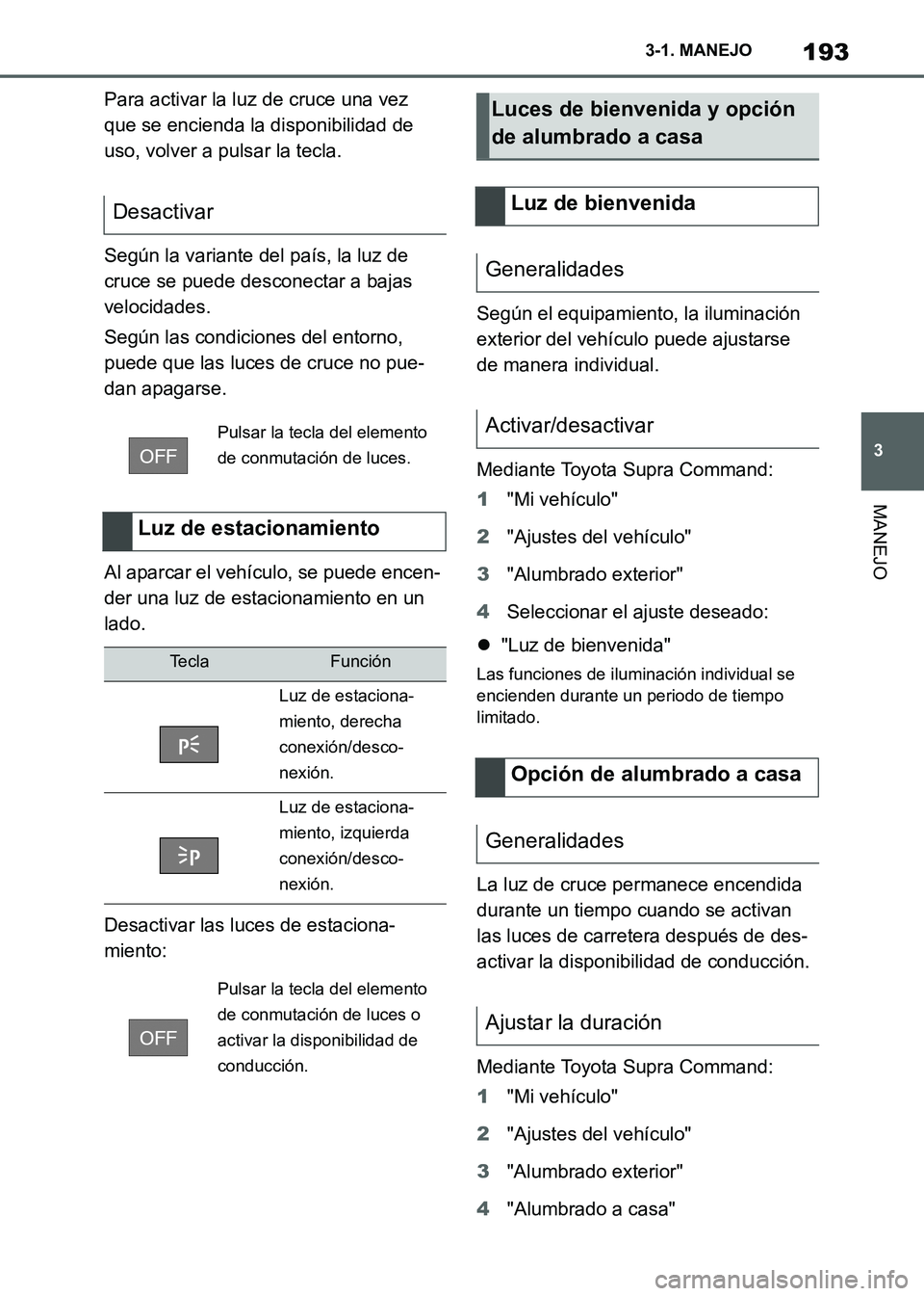 TOYOTA SUPRA 2021 Manuale de Empleo (in Spanish) 193
3 3-1. MANEJO
MANEJO
Supra Owners Manual_S (from Nov. 20 Prod.)Para activar la luz de cruce una vez
que se encienda la disponibilidad de
uso, volver a pulsar la tecla.
Según la variante del p TOYOTA SUPRA 2021 Manuale de Empleo (in Spanish) 193
3 3-1. MANEJO
MANEJO
Supra Owners Manual_S (from Nov. 20 Prod.)Para activar la luz de cruce una vez
que se encienda la disponibilidad de
uso, volver a pulsar la tecla.
Según la variante del p