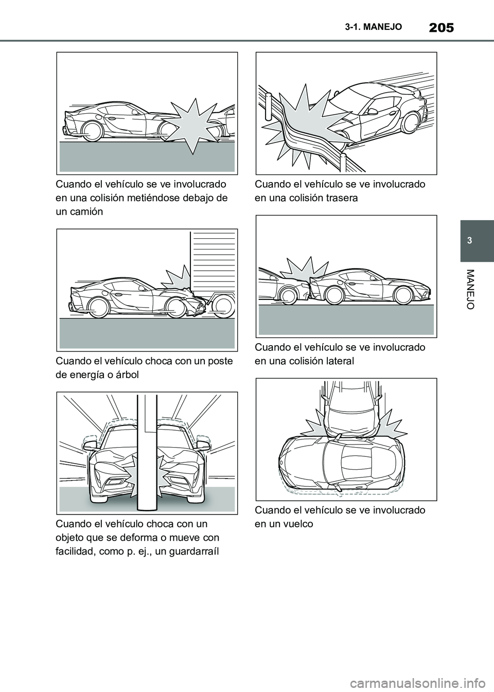 TOYOTA SUPRA 2021 Manuale de Empleo (in Spanish) 205
3 3-1. MANEJO
MANEJO
Supra Owners Manual_S (from Nov. 20 Prod.)Cuando el vehículo se ve involucrado
en una colisión metiéndose debajo de
un camión
Cuando el vehículo choca con un poste
d TOYOTA SUPRA 2021 Manuale de Empleo (in Spanish) 205
3 3-1. MANEJO
MANEJO
Supra Owners Manual_S (from Nov. 20 Prod.)Cuando el vehículo se ve involucrado
en una colisión metiéndose debajo de
un camión
Cuando el vehículo choca con un poste
d