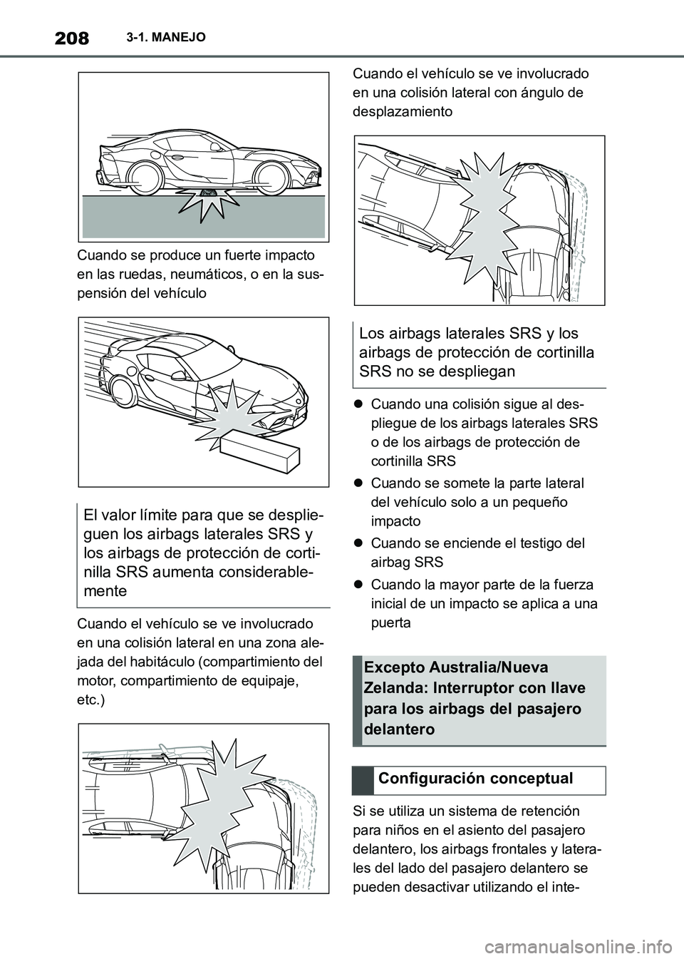 TOYOTA SUPRA 2021 Manuale de Empleo (in Spanish) 2083-1. MANEJO
Supra Owners Manual_S (from Nov. 20 Prod.)Cuando se produce un fuerte impacto
en las ruedas, neumáticos, o en la sus-
pensión del vehículo
Cuando el vehículo se ve involucrado
e TOYOTA SUPRA 2021 Manuale de Empleo (in Spanish) 2083-1. MANEJO
Supra Owners Manual_S (from Nov. 20 Prod.)Cuando se produce un fuerte impacto
en las ruedas, neumáticos, o en la sus-
pensión del vehículo
Cuando el vehículo se ve involucrado
e