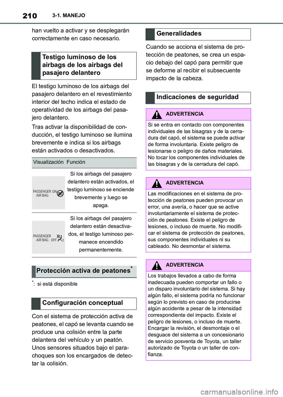 TOYOTA SUPRA 2021 Manuale de Empleo (in Spanish) 2103-1. MANEJO
Supra Owners Manual_S (from Nov. 20 Prod.)han vuelto a activar y se desplegarán
correctamente en caso necesario.
El testigo luminoso de los airbags del
pasajero delantero en el rev TOYOTA SUPRA 2021 Manuale de Empleo (in Spanish) 2103-1. MANEJO
Supra Owners Manual_S (from Nov. 20 Prod.)han vuelto a activar y se desplegarán
correctamente en caso necesario.
El testigo luminoso de los airbags del
pasajero delantero en el rev
