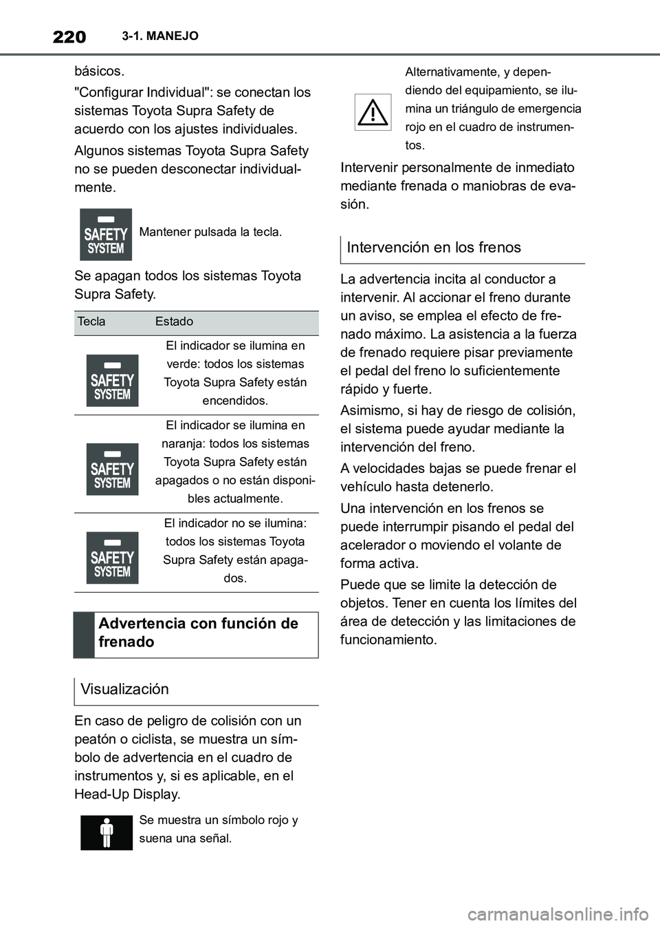 TOYOTA SUPRA 2021 Manuale de Empleo (in Spanish) 2203-1. MANEJO
Supra Owners Manual_S (from Nov. 20 Prod.)básicos.
"Configurar Individual": se conectan los
sistemas Toyota Supra Safety de
acuerdo con los ajustes individuales.
Algunos sistemas T TOYOTA SUPRA 2021 Manuale de Empleo (in Spanish) 2203-1. MANEJO
Supra Owners Manual_S (from Nov. 20 Prod.)básicos.
"Configurar Individual": se conectan los
sistemas Toyota Supra Safety de
acuerdo con los ajustes individuales.
Algunos sistemas T