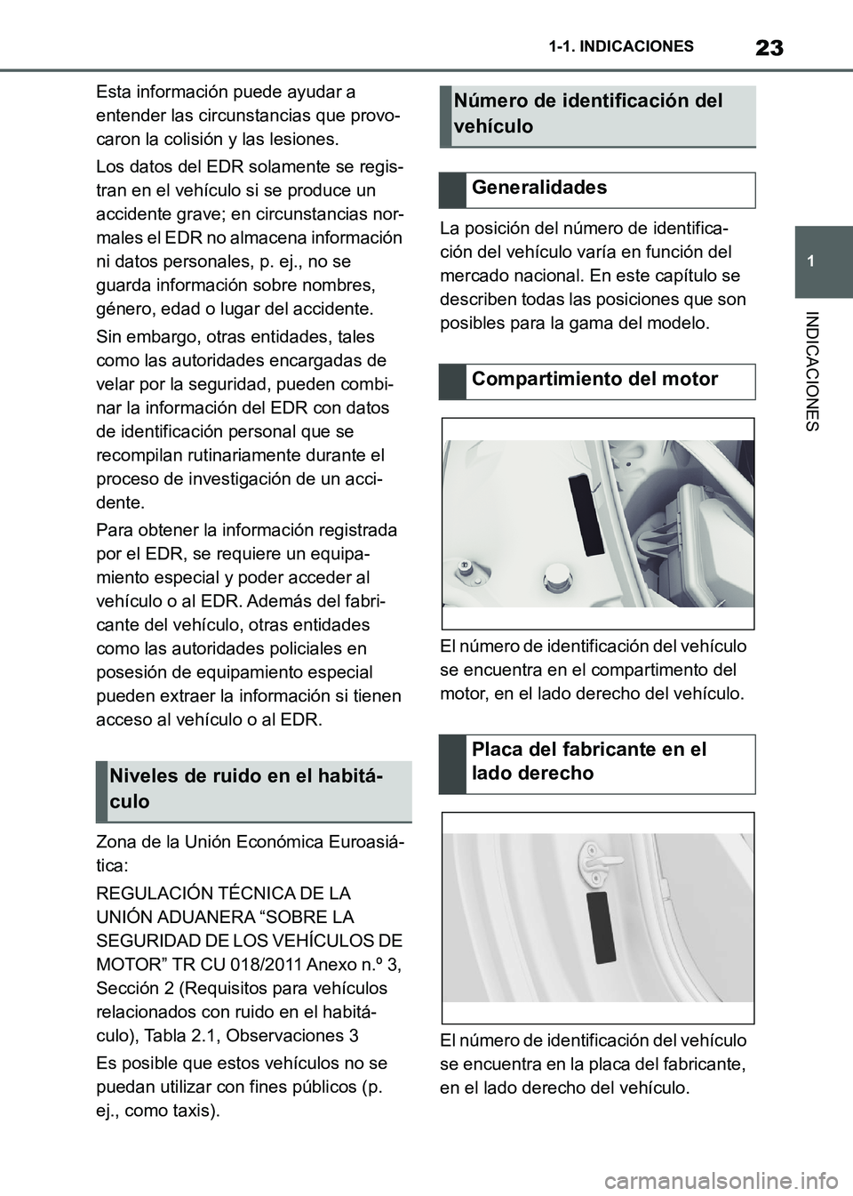 TOYOTA SUPRA 2021  Manuale de Empleo (in Spanish) 23
1 1-1. INDICACIONES
INDICACIONES
Supra Owners Manual_S (from Nov. 20 Prod.)Esta información puede ayudar a 
entender las circunstancias que provo-
caron la colisión y las lesiones.
Los datos de