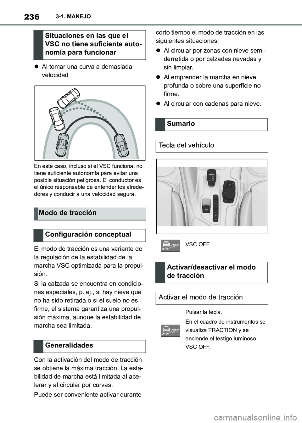 TOYOTA SUPRA 2021 Manuale de Empleo (in Spanish) 2363-1. MANEJO
Supra Owners Manual_S (from Nov. 20 Prod.)Al tomar una curva a demasiada
velocidad
En este caso, incluso si el VSC funciona, no
tiene suficiente autonomía para evitar una
posib TOYOTA SUPRA 2021 Manuale de Empleo (in Spanish) 2363-1. MANEJO
Supra Owners Manual_S (from Nov. 20 Prod.)Al tomar una curva a demasiada
velocidad
En este caso, incluso si el VSC funciona, no
tiene suficiente autonomía para evitar una
posib