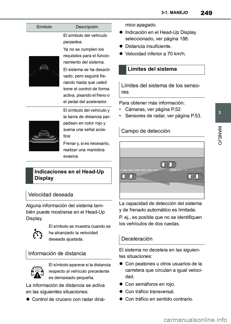 TOYOTA SUPRA 2021 Manuale de Empleo (in Spanish) 249
3 3-1. MANEJO
MANEJO
Supra Owners Manual_S (from Nov. 20 Prod.)Alguna información del sistema tam-
bién puede mostrarse en el Head-Up
Display.
La información de distancia se activa
en las s TOYOTA SUPRA 2021 Manuale de Empleo (in Spanish) 249
3 3-1. MANEJO
MANEJO
Supra Owners Manual_S (from Nov. 20 Prod.)Alguna información del sistema tam-
bién puede mostrarse en el Head-Up
Display.
La información de distancia se activa
en las s