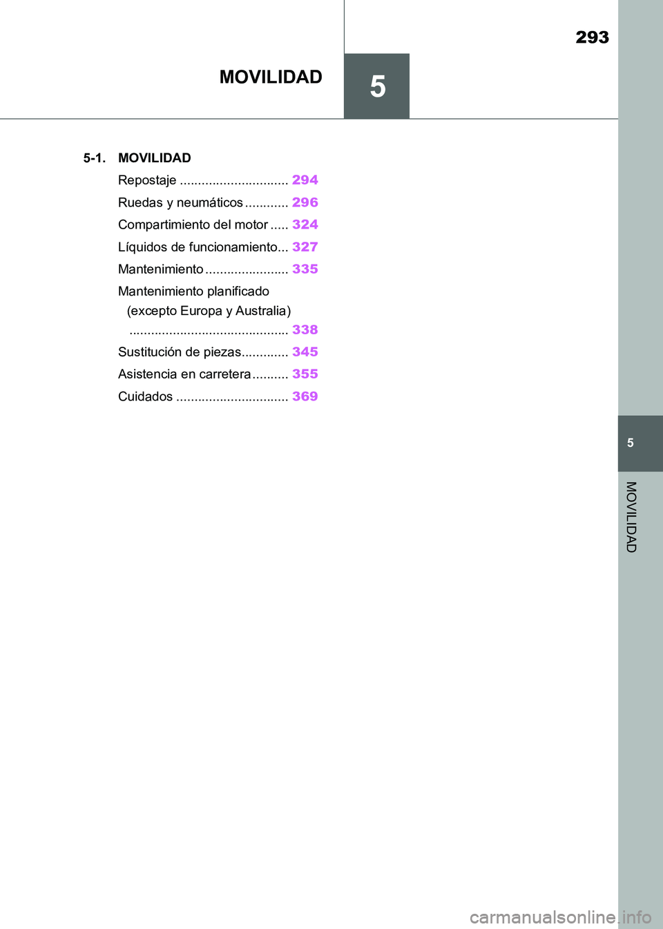 TOYOTA SUPRA 2021 Manuale de Empleo (in Spanish) 5
293
5
MOVILIDAD
Supra Owners Manual_S (from Nov. 20 Prod.)
MOVILIDAD
.5-1. MOVILIDAD
Repostaje ..............................294
Ruedas y neumáticos ............296
Compartimiento del motor ..... TOYOTA SUPRA 2021 Manuale de Empleo (in Spanish) 5
293
5
MOVILIDAD
Supra Owners Manual_S (from Nov. 20 Prod.)
MOVILIDAD
.5-1. MOVILIDAD
Repostaje ..............................294
Ruedas y neumáticos ............296
Compartimiento del motor .....