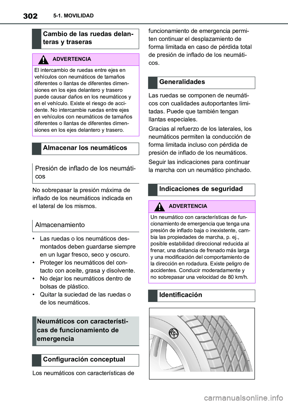 TOYOTA SUPRA 2021 Manuale de Empleo (in Spanish) 3025-1. MOVILIDAD
Supra Owners Manual_S (from Nov. 20 Prod.)No sobrepasar la presión máxima de
inflado de los neumáticos indicada en
el lateral de los mismos.
• Las ruedas o los neumáticos d TOYOTA SUPRA 2021 Manuale de Empleo (in Spanish) 3025-1. MOVILIDAD
Supra Owners Manual_S (from Nov. 20 Prod.)No sobrepasar la presión máxima de
inflado de los neumáticos indicada en
el lateral de los mismos.
• Las ruedas o los neumáticos d