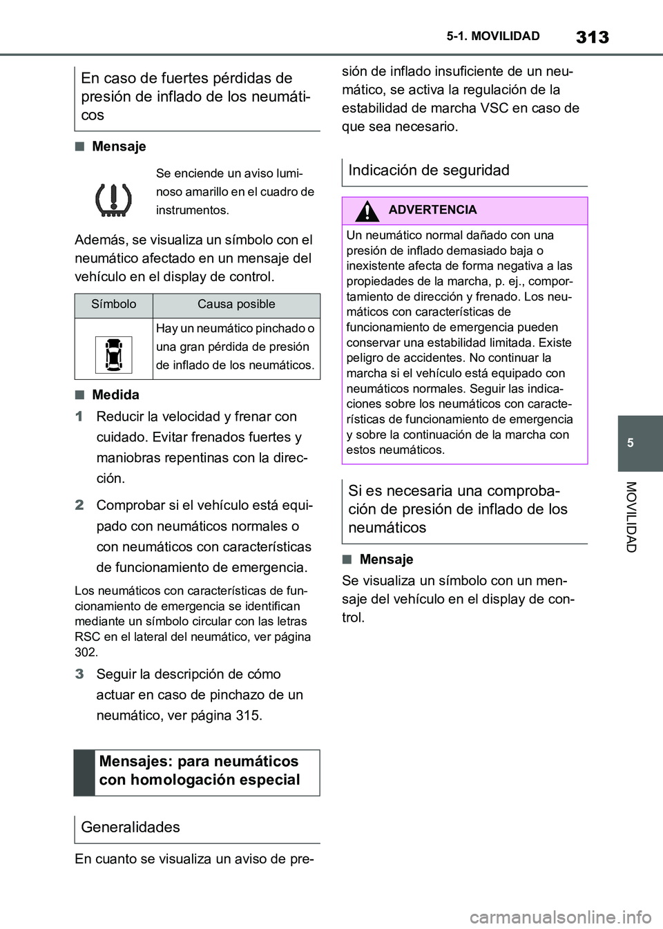 TOYOTA SUPRA 2021 Manuale de Empleo (in Spanish) 313
5 5-1. MOVILIDAD
MOVILIDAD
Supra Owners Manual_S (from Nov. 20 Prod.)
■Mensaje
Además, se visualiza un símbolo con el
neumático afectado en un mensaje del
vehículo en el display de contr TOYOTA SUPRA 2021 Manuale de Empleo (in Spanish) 313
5 5-1. MOVILIDAD
MOVILIDAD
Supra Owners Manual_S (from Nov. 20 Prod.)
■Mensaje
Además, se visualiza un símbolo con el
neumático afectado en un mensaje del
vehículo en el display de contr