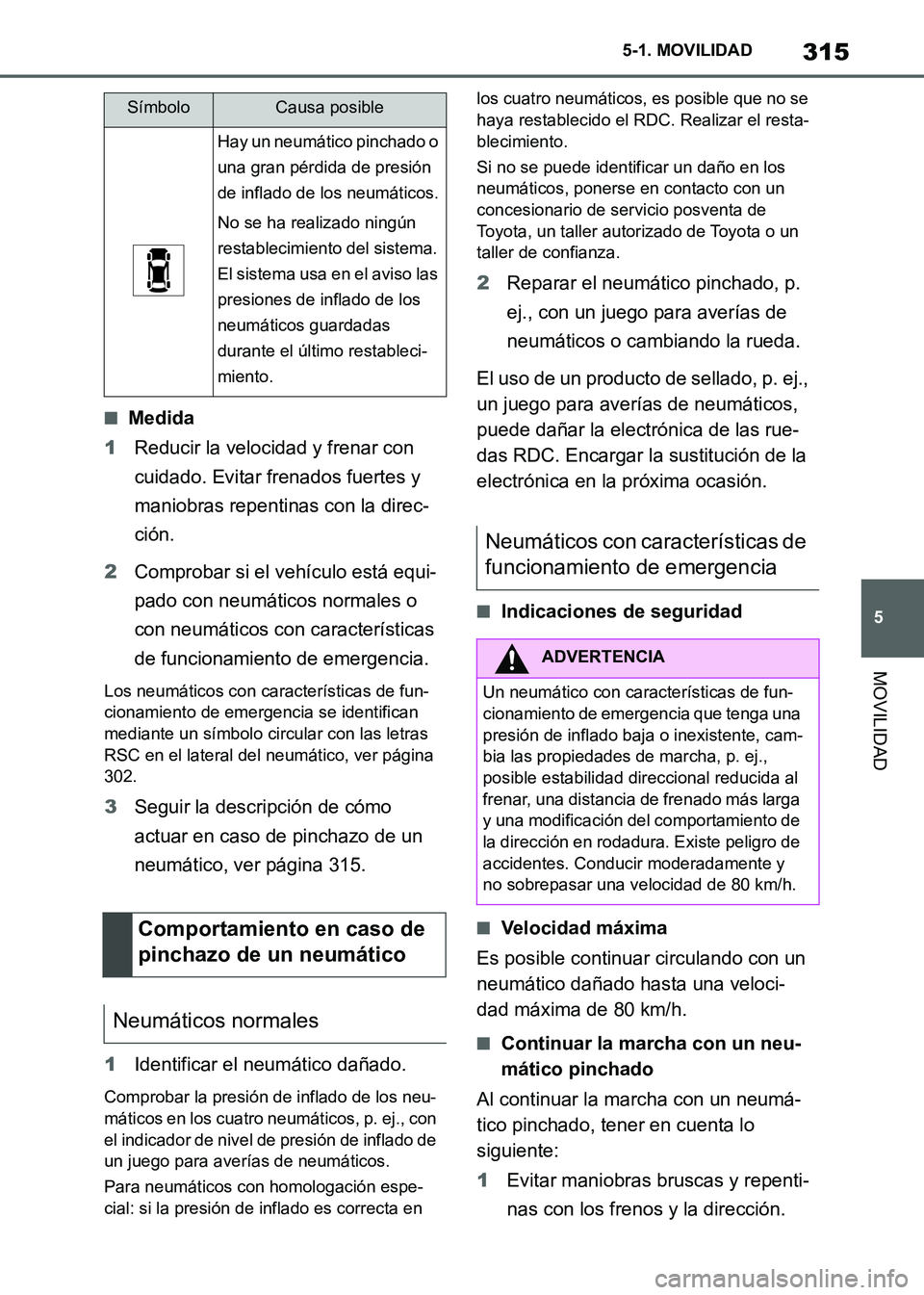 TOYOTA SUPRA 2021 Manuale de Empleo (in Spanish) 315
5 5-1. MOVILIDAD
MOVILIDAD
Supra Owners Manual_S (from Nov. 20 Prod.)
■Medida
1Reducir la velocidad y frenar con
cuidado. Evitar frenados fuertes y
maniobras repentinas con la direc-
ción.
TOYOTA SUPRA 2021 Manuale de Empleo (in Spanish) 315
5 5-1. MOVILIDAD
MOVILIDAD
Supra Owners Manual_S (from Nov. 20 Prod.)
■Medida
1Reducir la velocidad y frenar con
cuidado. Evitar frenados fuertes y
maniobras repentinas con la direc-
ción.