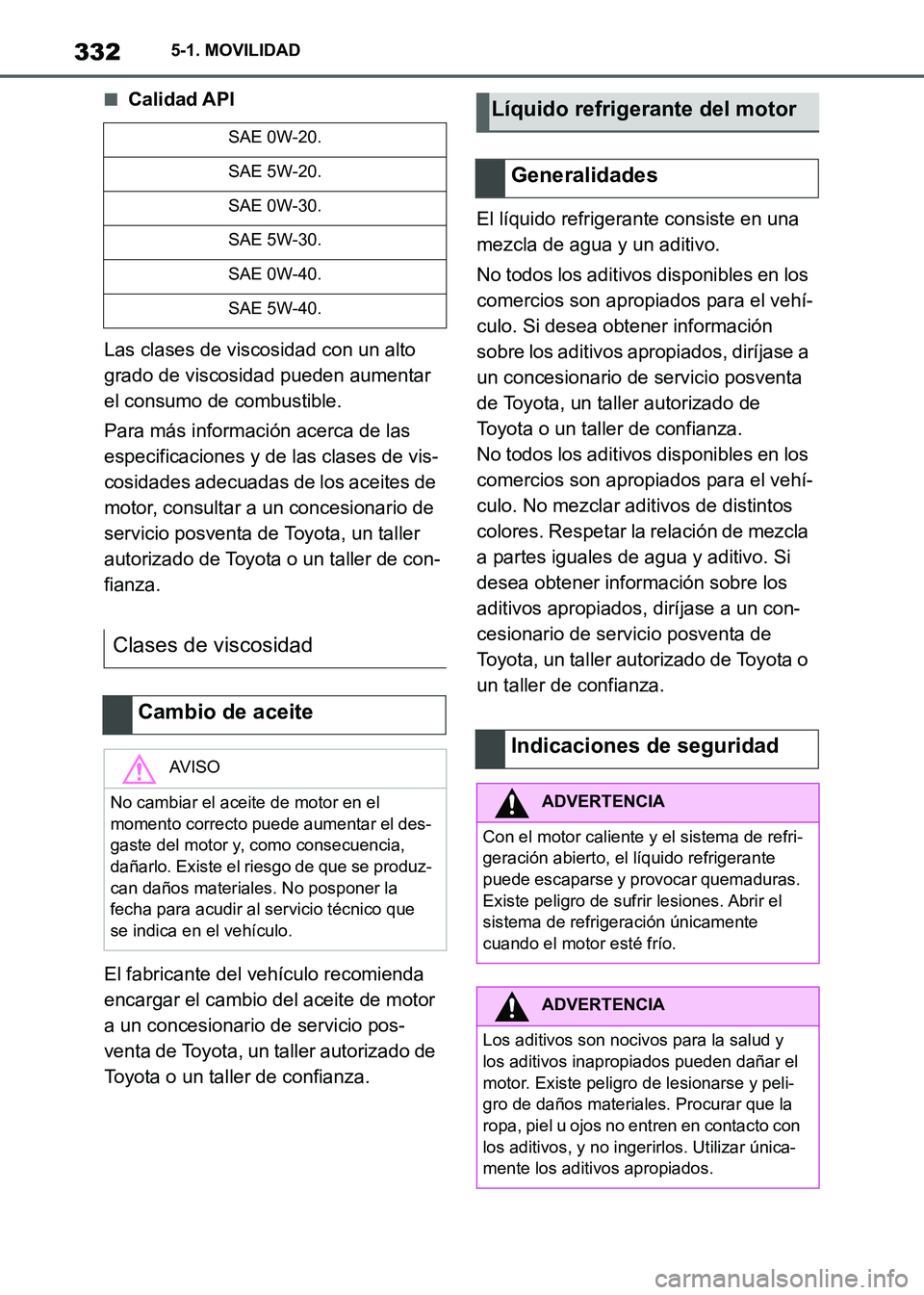TOYOTA SUPRA 2021 Manuale de Empleo (in Spanish) 3325-1. MOVILIDAD
Supra Owners Manual_S (from Nov. 20 Prod.)
■Calidad API
Las clases de viscosidad con un alto
grado de viscosidad pueden aumentar
el consumo de combustible.
Para más informaci TOYOTA SUPRA 2021 Manuale de Empleo (in Spanish) 3325-1. MOVILIDAD
Supra Owners Manual_S (from Nov. 20 Prod.)
■Calidad API
Las clases de viscosidad con un alto
grado de viscosidad pueden aumentar
el consumo de combustible.
Para más informaci