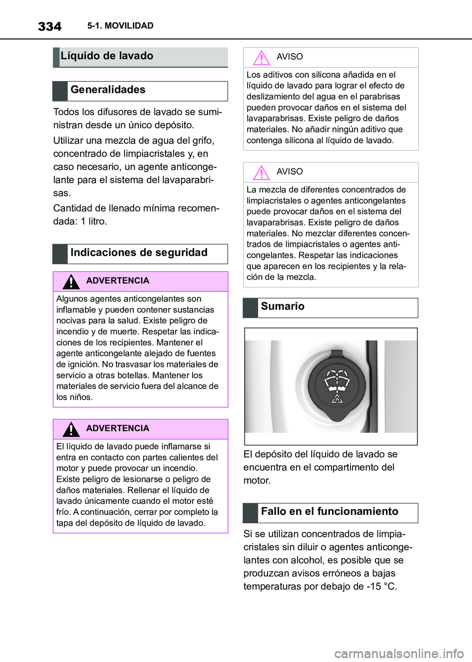 TOYOTA SUPRA 2021 Manuale de Empleo (in Spanish) 3345-1. MOVILIDAD
Supra Owners Manual_S (from Nov. 20 Prod.)Todos los difusores de lavado se sumi-
nistran desde un único depósito.
Utilizar una mezcla de agua del grifo,
concentrado de limpiacri TOYOTA SUPRA 2021 Manuale de Empleo (in Spanish) 3345-1. MOVILIDAD
Supra Owners Manual_S (from Nov. 20 Prod.)Todos los difusores de lavado se sumi-
nistran desde un único depósito.
Utilizar una mezcla de agua del grifo,
concentrado de limpiacri
