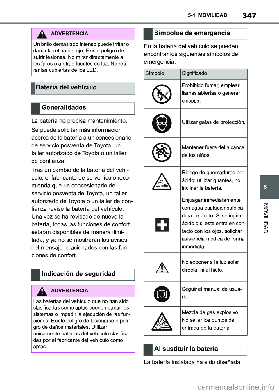 TOYOTA SUPRA 2021 Manuale de Empleo (in Spanish) 347
5 5-1. MOVILIDAD
MOVILIDAD
Supra Owners Manual_S (from Nov. 20 Prod.)La batería no precisa mantenimiento.
Se puede solicitar más información
acerca de la batería a un concesionario
de serv TOYOTA SUPRA 2021 Manuale de Empleo (in Spanish) 347
5 5-1. MOVILIDAD
MOVILIDAD
Supra Owners Manual_S (from Nov. 20 Prod.)La batería no precisa mantenimiento.
Se puede solicitar más información
acerca de la batería a un concesionario
de serv