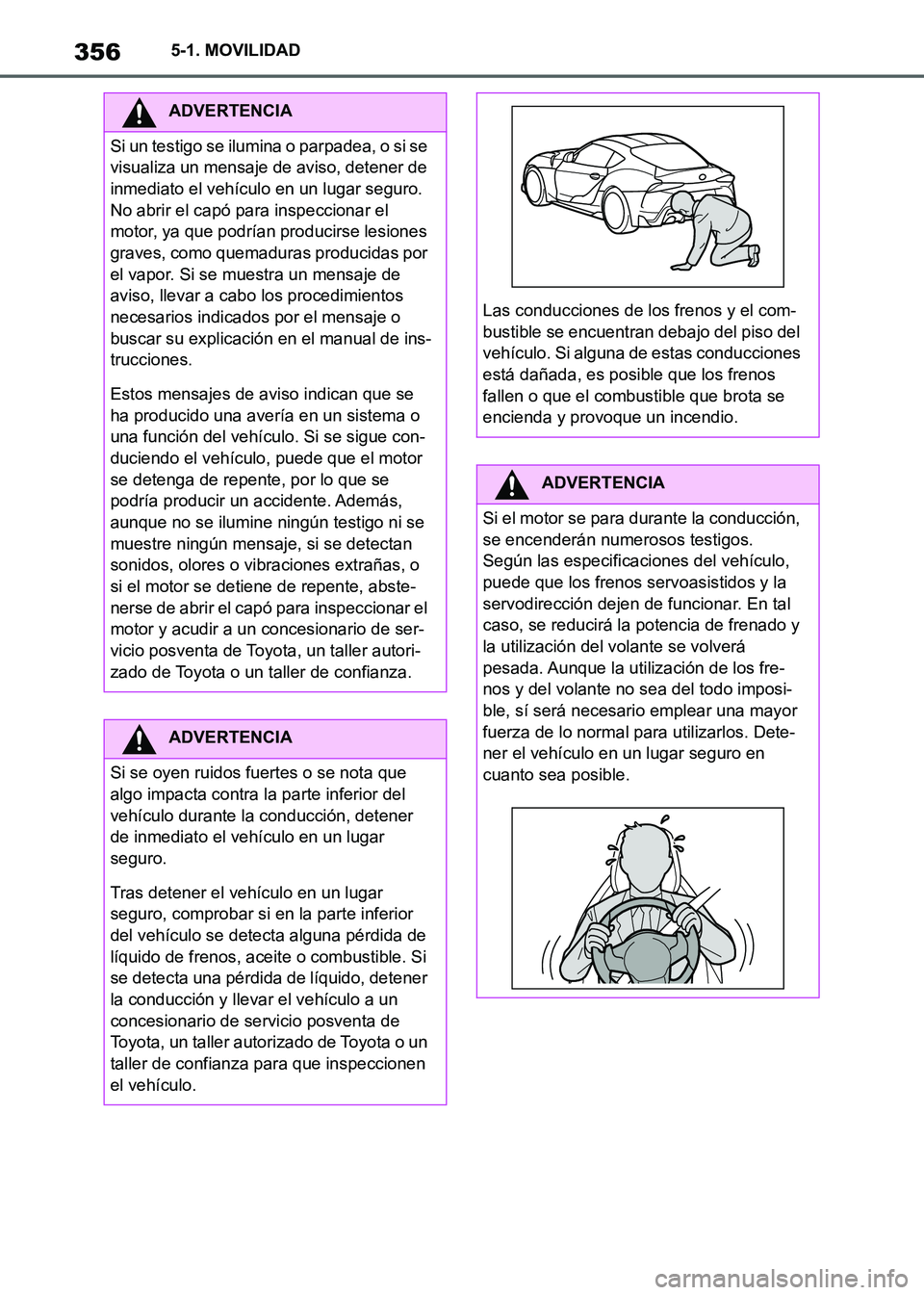TOYOTA SUPRA 2021 Manuale de Empleo (in Spanish) 3565-1. MOVILIDAD
Supra Owners Manual_S (from Nov. 20 Prod.)
ADVERTENCIA
Si un testigo se ilumina o parpadea, o si se
visualiza un mensaje de aviso, detener de
inmediato el vehículo en un lugar s TOYOTA SUPRA 2021 Manuale de Empleo (in Spanish) 3565-1. MOVILIDAD
Supra Owners Manual_S (from Nov. 20 Prod.)
ADVERTENCIA
Si un testigo se ilumina o parpadea, o si se
visualiza un mensaje de aviso, detener de
inmediato el vehículo en un lugar s