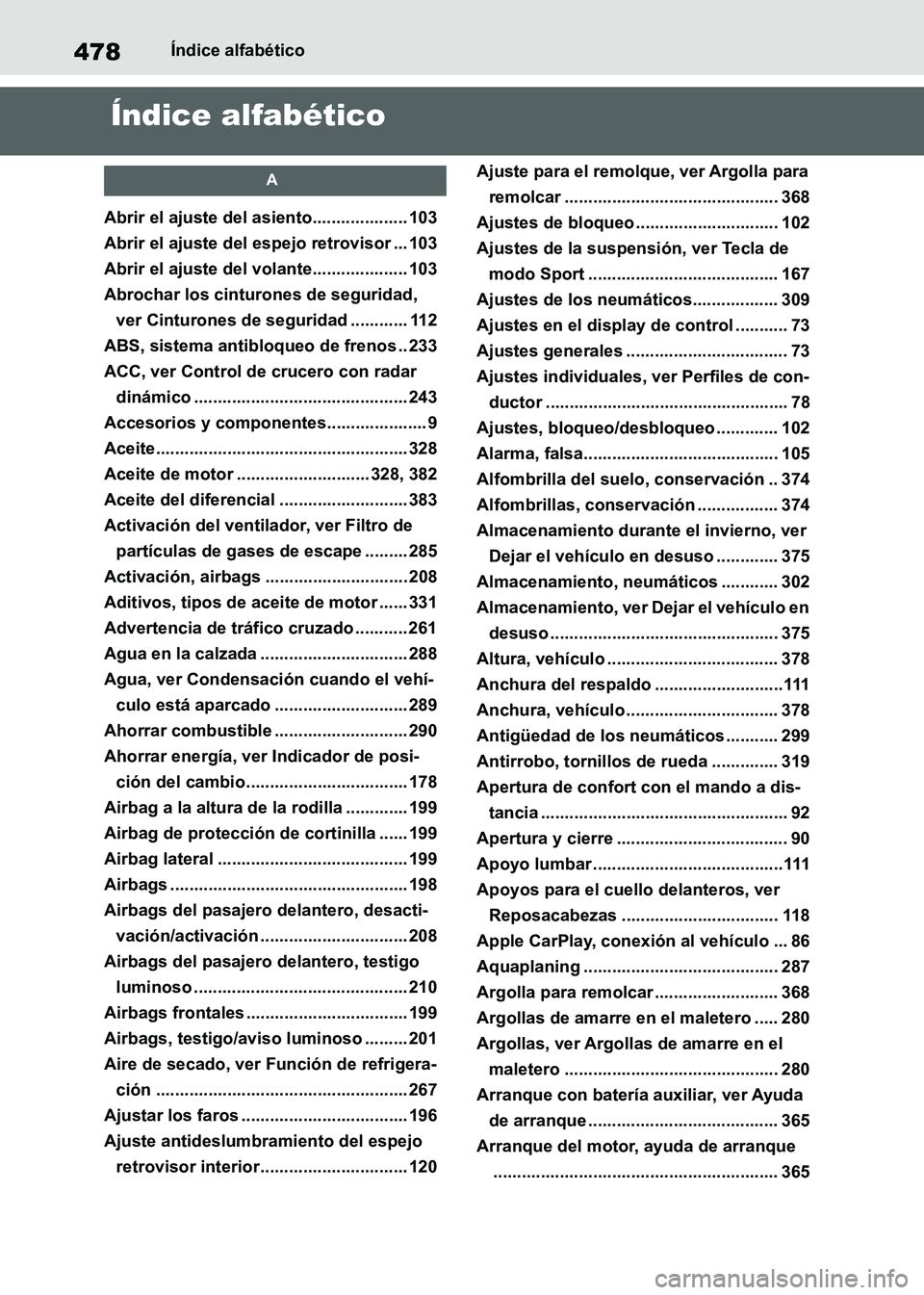 TOYOTA SUPRA 2021 Manuale de Empleo (in Spanish) 478Índice alfabético
Supra Owners Manual_S (from Nov. 20 Prod.)
Índice alfabético
A
Abrir el ajuste del asiento.................... 103
Abrir el ajuste del espejo retrovisor ... 103
Abrir el aju TOYOTA SUPRA 2021 Manuale de Empleo (in Spanish) 478Índice alfabético
Supra Owners Manual_S (from Nov. 20 Prod.)
Índice alfabético
A
Abrir el ajuste del asiento.................... 103
Abrir el ajuste del espejo retrovisor ... 103
Abrir el aju