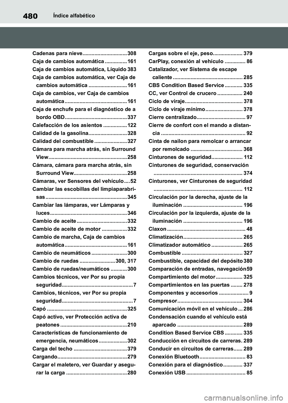 TOYOTA SUPRA 2021 Manuale de Empleo (in Spanish) 480Índice alfabético
Supra Owners Manual_S (from Nov. 20 Prod.)
Cadenas para nieve.............................. 308
Caja de cambios automática ............... 161
Caja de cambios automática, L TOYOTA SUPRA 2021 Manuale de Empleo (in Spanish) 480Índice alfabético
Supra Owners Manual_S (from Nov. 20 Prod.)
Cadenas para nieve.............................. 308
Caja de cambios automática ............... 161
Caja de cambios automática, L