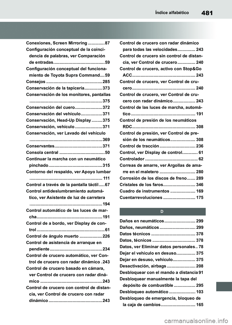 TOYOTA SUPRA 2021 Manuale de Empleo (in Spanish) 481Índice alfabético
Supra Owners Manual_S (from Nov. 20 Prod.)
Conexiones, Screen Mirroring .............. 87
Configuración conceptual de la coinci-
dencia de palabras, ver Comparación
de entr TOYOTA SUPRA 2021 Manuale de Empleo (in Spanish) 481Índice alfabético
Supra Owners Manual_S (from Nov. 20 Prod.)
Conexiones, Screen Mirroring .............. 87
Configuración conceptual de la coinci-
dencia de palabras, ver Comparación
de entr