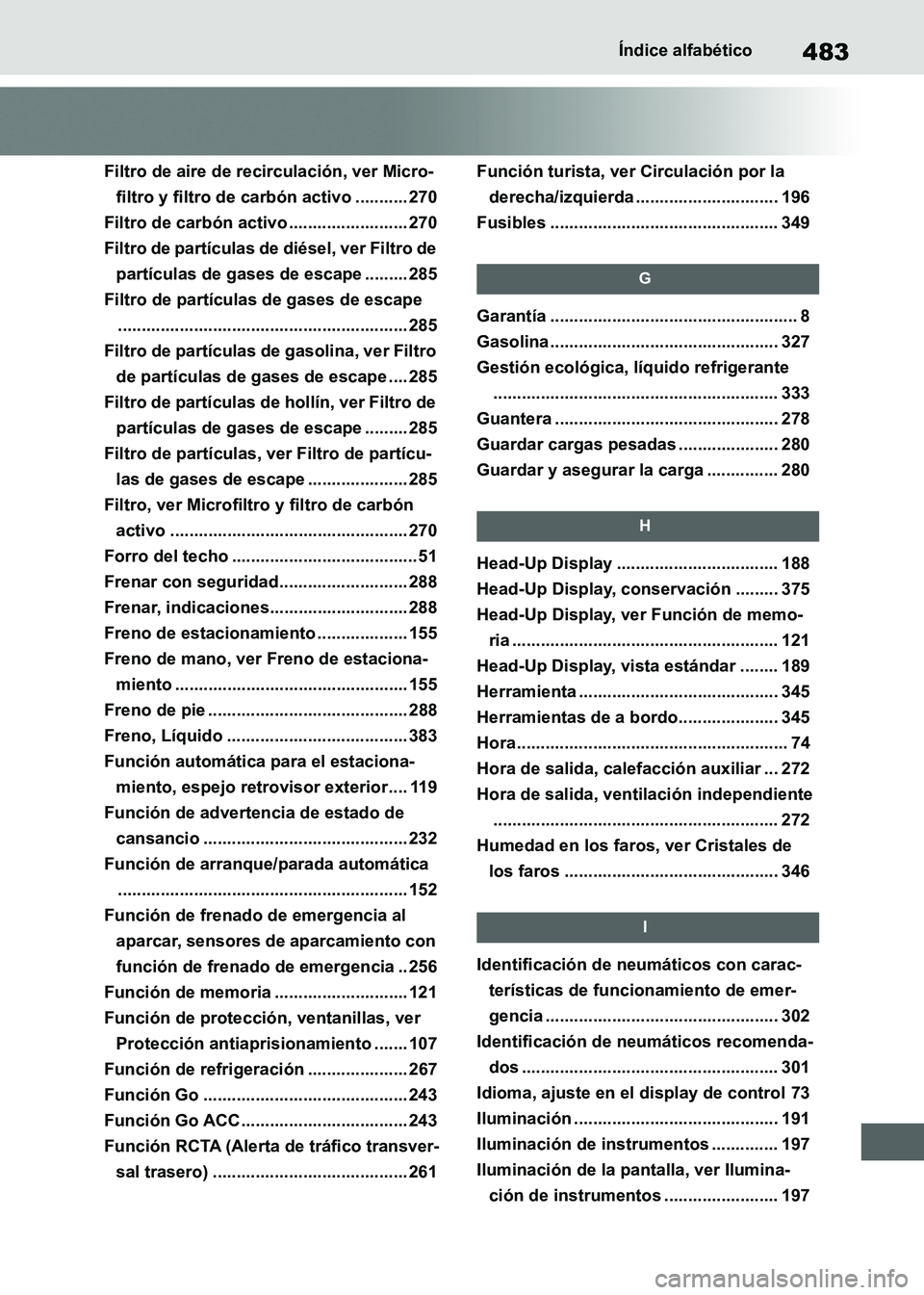 TOYOTA SUPRA 2021 Manuale de Empleo (in Spanish) 483Índice alfabético
Supra Owners Manual_S (from Nov. 20 Prod.)
Filtro de aire de recirculación, ver Micro-
filtro y filtro de carbón activo ........... 270
Filtro de carbón activo ............ TOYOTA SUPRA 2021 Manuale de Empleo (in Spanish) 483Índice alfabético
Supra Owners Manual_S (from Nov. 20 Prod.)
Filtro de aire de recirculación, ver Micro-
filtro y filtro de carbón activo ........... 270
Filtro de carbón activo ............