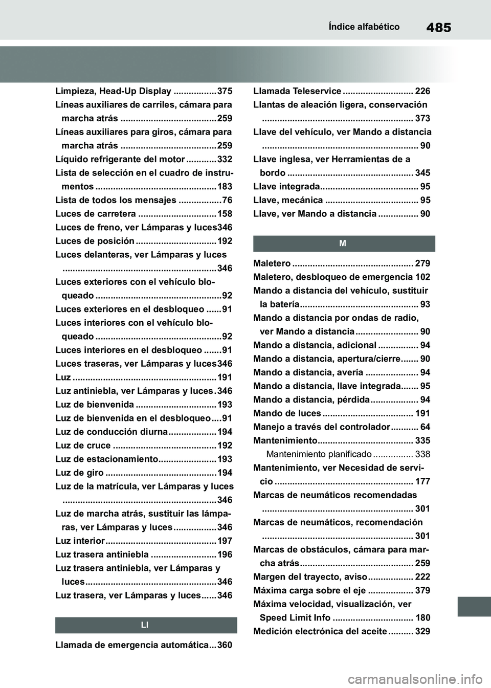 TOYOTA SUPRA 2021 Manuale de Empleo (in Spanish) 485Índice alfabético
Supra Owners Manual_S (from Nov. 20 Prod.)
Limpieza, Head-Up Display ................. 375
Líneas auxiliares de carriles, cámara para
marcha atrás ........................ TOYOTA SUPRA 2021 Manuale de Empleo (in Spanish) 485Índice alfabético
Supra Owners Manual_S (from Nov. 20 Prod.)
Limpieza, Head-Up Display ................. 375
Líneas auxiliares de carriles, cámara para
marcha atrás ........................