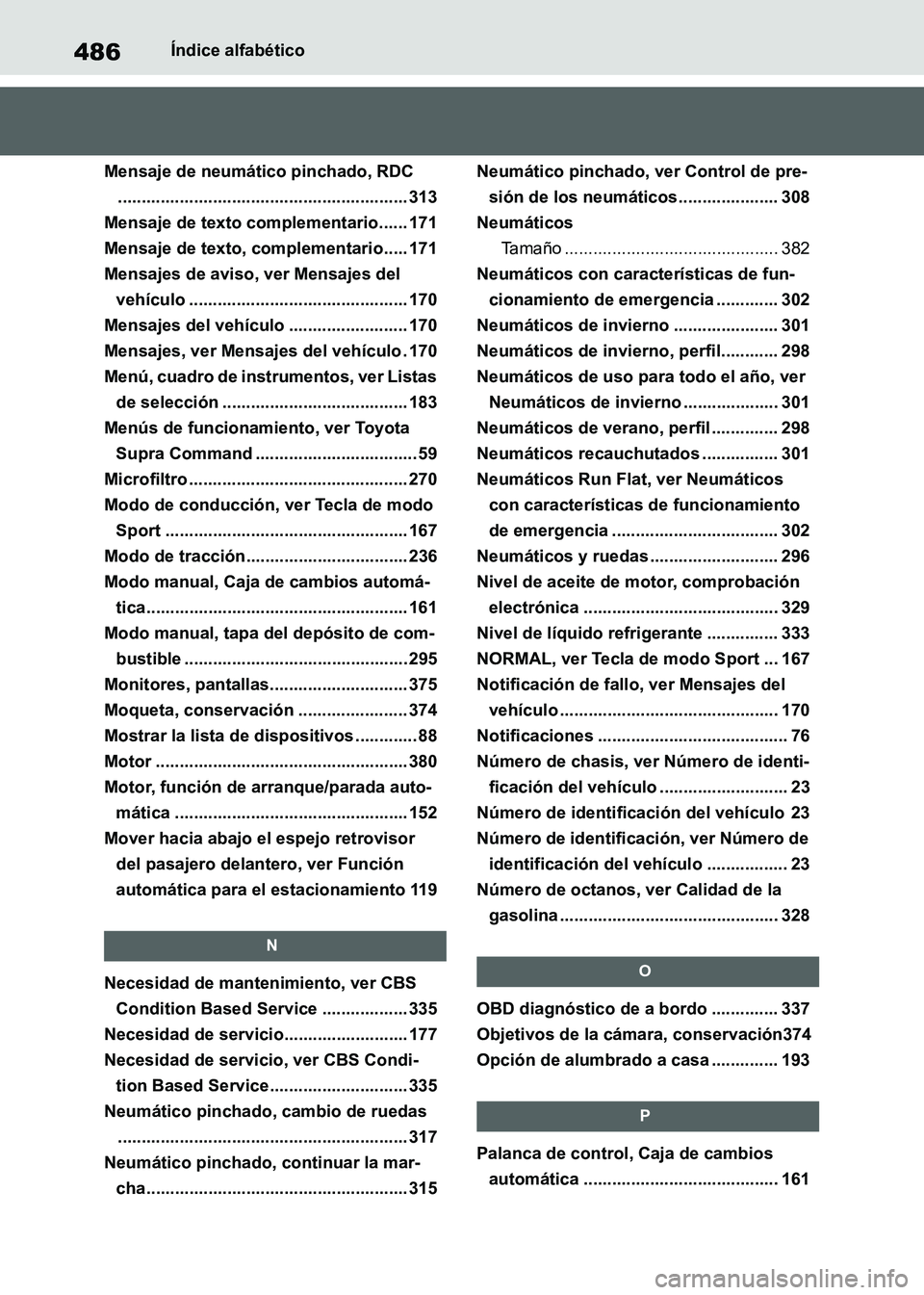 TOYOTA SUPRA 2021 Manuale de Empleo (in Spanish) 486Índice alfabético
Supra Owners Manual_S (from Nov. 20 Prod.)
Mensaje de neumático pinchado, RDC
............................................................. 313
Mensaje de texto complementari TOYOTA SUPRA 2021 Manuale de Empleo (in Spanish) 486Índice alfabético
Supra Owners Manual_S (from Nov. 20 Prod.)
Mensaje de neumático pinchado, RDC
............................................................. 313
Mensaje de texto complementari