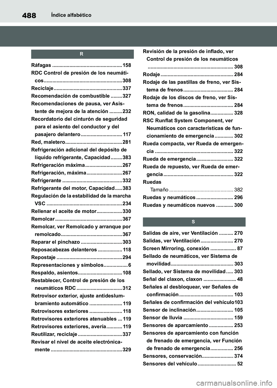 TOYOTA SUPRA 2021 Manuale de Empleo (in Spanish) 488Índice alfabético
Supra Owners Manual_S (from Nov. 20 Prod.)
R
Ráfagas ................................................. 158
RDC Control de presión de los neumáti-
cos....................... TOYOTA SUPRA 2021 Manuale de Empleo (in Spanish) 488Índice alfabético
Supra Owners Manual_S (from Nov. 20 Prod.)
R
Ráfagas ................................................. 158
RDC Control de presión de los neumáti-
cos.......................