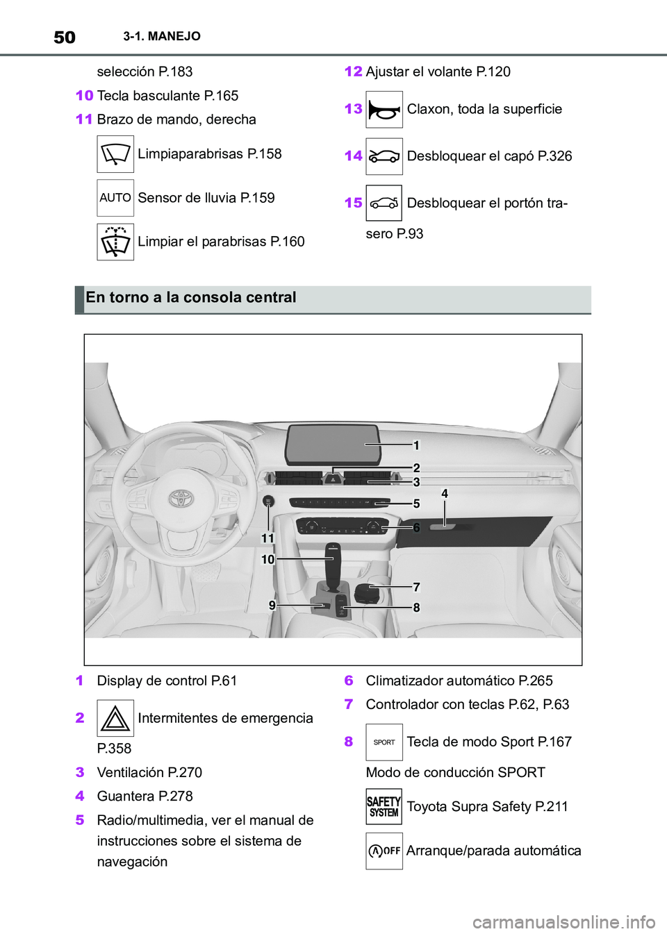 TOYOTA SUPRA 2021  Manuale de Empleo (in Spanish) 503-1. MANEJO
Supra Owners Manual_S (from Nov. 20 Prod.)selección P.183
10Tecla basculante P.165
11Brazo de mando, derecha
 Limpiaparabrisas P.158
 Sensor de lluvia P.159
 Limpiar el parabrisas P.1