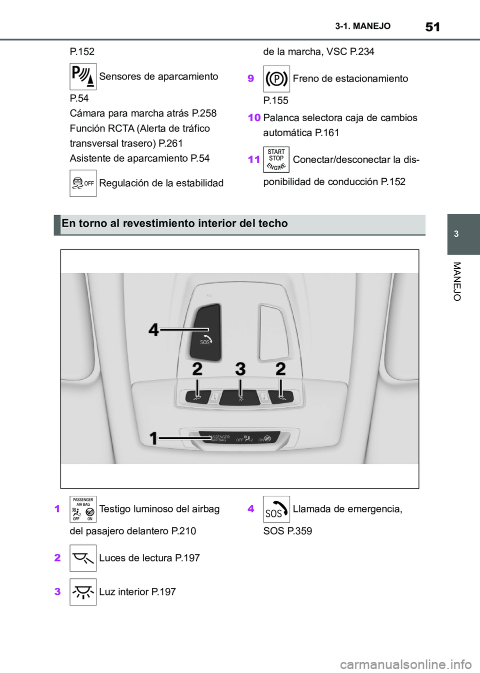 TOYOTA SUPRA 2021 Manuale de Empleo (in Spanish) 51
3 3-1. MANEJO
MANEJO
Supra Owners Manual_S (from Nov. 20 Prod.)P.152
Sensores de aparcamiento
P. 5 4
Cámara para marcha atrás P.258
Función RCTA (Alerta de tráfico
transversal trasero) P.2 TOYOTA SUPRA 2021 Manuale de Empleo (in Spanish) 51
3 3-1. MANEJO
MANEJO
Supra Owners Manual_S (from Nov. 20 Prod.)P.152
Sensores de aparcamiento
P. 5 4
Cámara para marcha atrás P.258
Función RCTA (Alerta de tráfico
transversal trasero) P.2