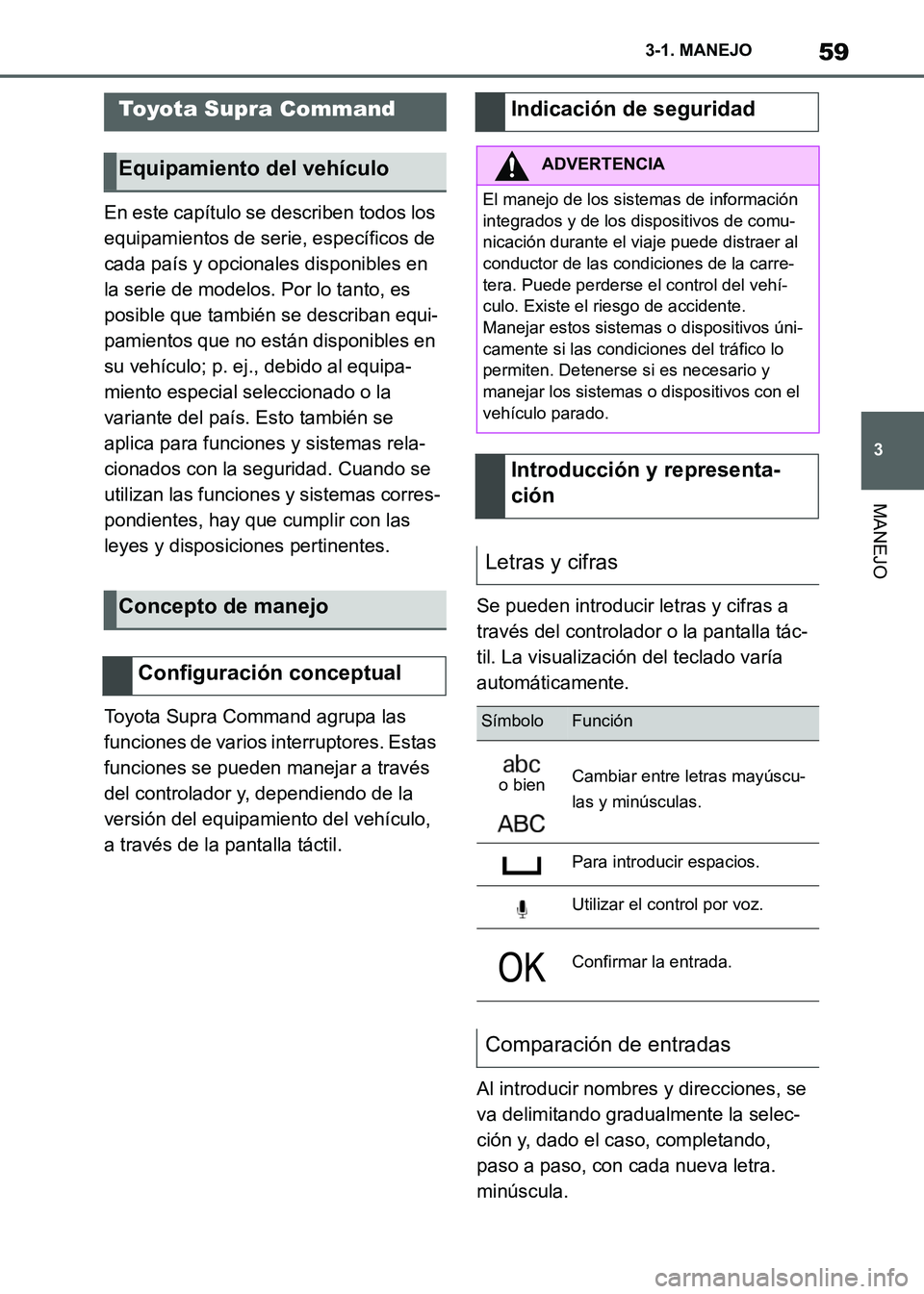TOYOTA SUPRA 2021 Manuale de Empleo (in Spanish) 59
3 3-1. MANEJO
MANEJO
Supra Owners Manual_S (from Nov. 20 Prod.)En este capítulo se describen todos los
equipamientos de serie, específicos de
cada país y opcionales disponibles en
la serie TOYOTA SUPRA 2021 Manuale de Empleo (in Spanish) 59
3 3-1. MANEJO
MANEJO
Supra Owners Manual_S (from Nov. 20 Prod.)En este capítulo se describen todos los
equipamientos de serie, específicos de
cada país y opcionales disponibles en
la serie