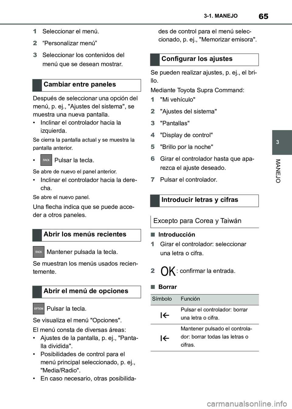 TOYOTA SUPRA 2021 Manuale de Empleo (in Spanish) 65
3 3-1. MANEJO
MANEJO
Supra Owners Manual_S (from Nov. 20 Prod.)1Seleccionar el menú.
2“Personalizar menú”
3Seleccionar los contenidos del
menú que se desean mostrar.
Después de seleccion TOYOTA SUPRA 2021 Manuale de Empleo (in Spanish) 65
3 3-1. MANEJO
MANEJO
Supra Owners Manual_S (from Nov. 20 Prod.)1Seleccionar el menú.
2“Personalizar menú”
3Seleccionar los contenidos del
menú que se desean mostrar.
Después de seleccion
