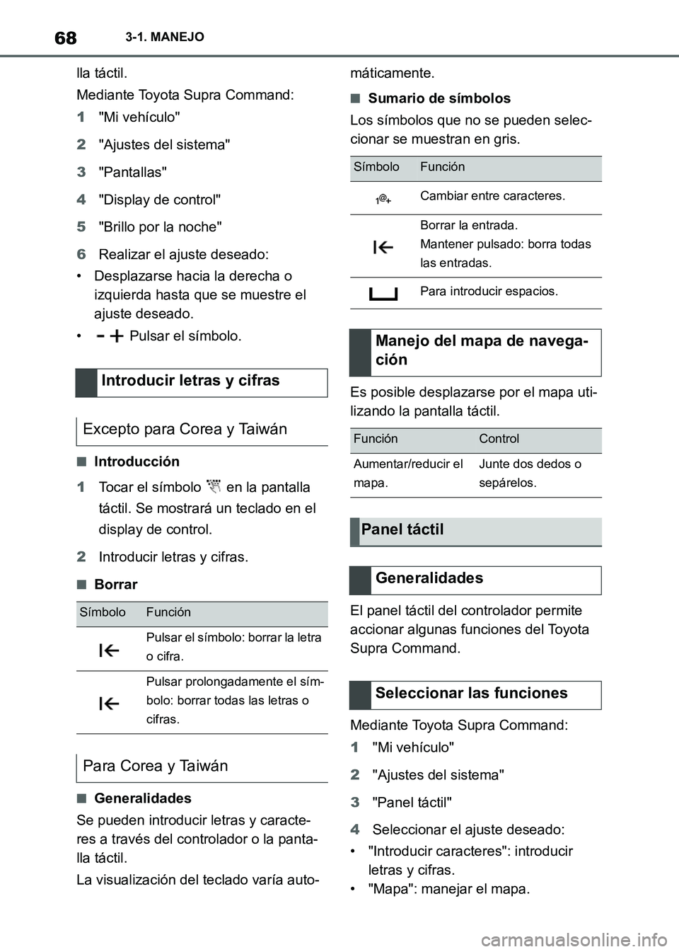 TOYOTA SUPRA 2021 Manuale de Empleo (in Spanish) 683-1. MANEJO
Supra Owners Manual_S (from Nov. 20 Prod.)lla táctil.
Mediante Toyota Supra Command:
1"Mi vehículo"
2"Ajustes del sistema"
3"Pantallas"
4"Display de control"
5"Brillo por la noche"
6 TOYOTA SUPRA 2021 Manuale de Empleo (in Spanish) 683-1. MANEJO
Supra Owners Manual_S (from Nov. 20 Prod.)lla táctil.
Mediante Toyota Supra Command:
1"Mi vehículo"
2"Ajustes del sistema"
3"Pantallas"
4"Display de control"
5"Brillo por la noche"
6