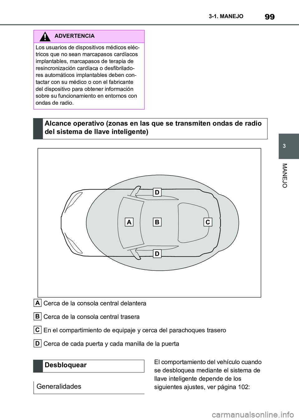 TOYOTA SUPRA 2021  Manuale de Empleo (in Spanish) 99
3 3-1. MANEJO
MANEJO
Supra Owners Manual_S (from Nov. 20 Prod.)Cerca de la consola central delantera
Cerca de la consola central trasera
En el compartimiento de equipaje y cerca del parachoques t