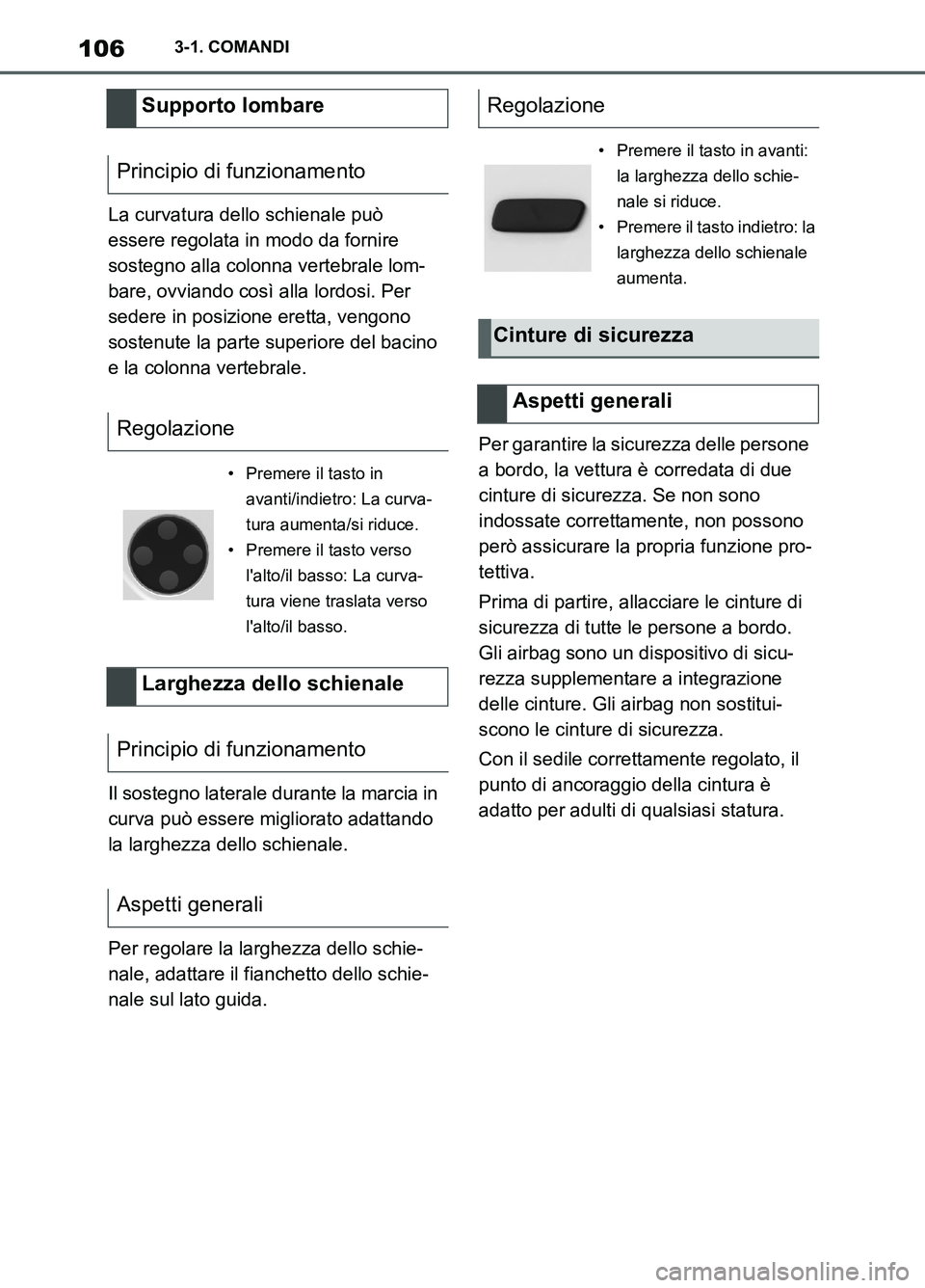 TOYOTA SUPRA 2021  Manuale duso (in Italian) 1063-1. COMANDI
Supra Owners Manual_L (from Nov. 20 Prod.)La curvatura dello schienale può 
essere regolata in modo da fornire 
sostegno alla colonna vertebrale lom-
bare, ovviando così alla lordo