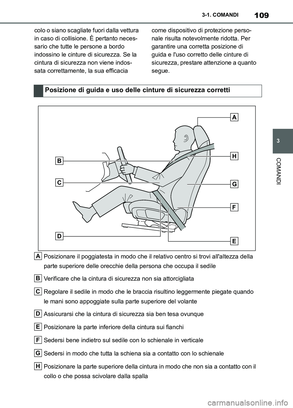 TOYOTA SUPRA 2021  Manuale duso (in Italian) 109
3 3-1. COMANDI
COMANDI
Supra Owners Manual_L (from Nov. 20 Prod.)colo o siano scagliate fuori dalla vettura 
in caso di collisione. È pertanto neces-
sario che tutte le persone a bordo 
indossi