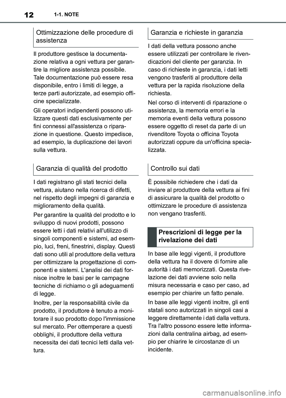 TOYOTA SUPRA 2021 Manuale duso (in Italian) 121-1. NOTE
Supra Owners Manual_L (from Nov. 20 Prod.)Il produttore gestisce la documenta-
zione relativa a ogni vettura per garan-
tire la migliore assistenza possibile.
Tale documentazione può e TOYOTA SUPRA 2021 Manuale duso (in Italian) 121-1. NOTE
Supra Owners Manual_L (from Nov. 20 Prod.)Il produttore gestisce la documenta-
zione relativa a ogni vettura per garan-
tire la migliore assistenza possibile.
Tale documentazione può e