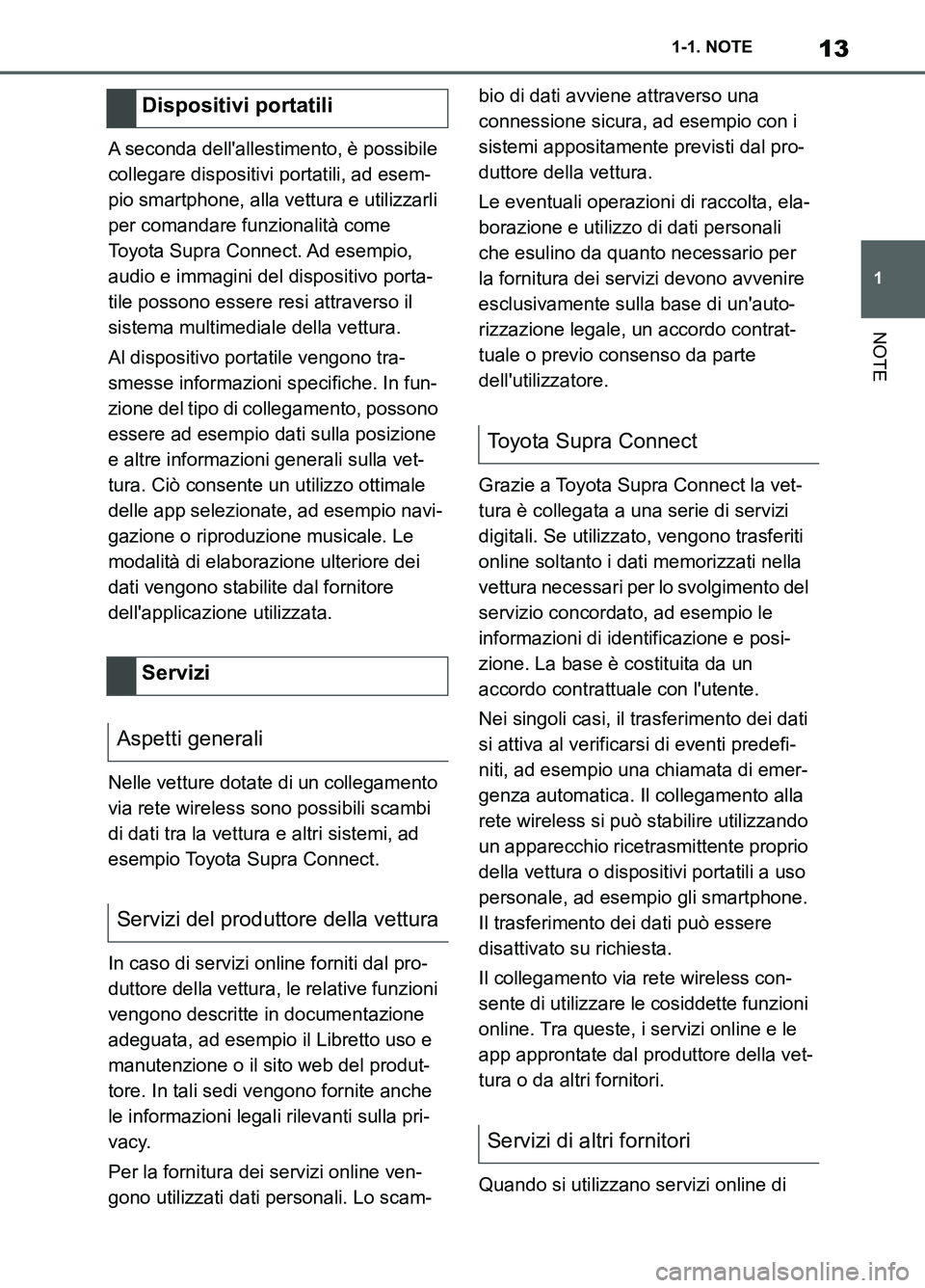 TOYOTA SUPRA 2021 Manuale duso (in Italian) 13
1 1-1. NOTE
NOTE
Supra Owners Manual_L (from Nov. 20 Prod.)A seconda dellallestimento, è possibile
collegare dispositivi portatili, ad esem-
pio smartphone, alla vettura e utilizzarli
per com TOYOTA SUPRA 2021 Manuale duso (in Italian) 13
1 1-1. NOTE
NOTE
Supra Owners Manual_L (from Nov. 20 Prod.)A seconda dellallestimento, è possibile
collegare dispositivi portatili, ad esem-
pio smartphone, alla vettura e utilizzarli
per com