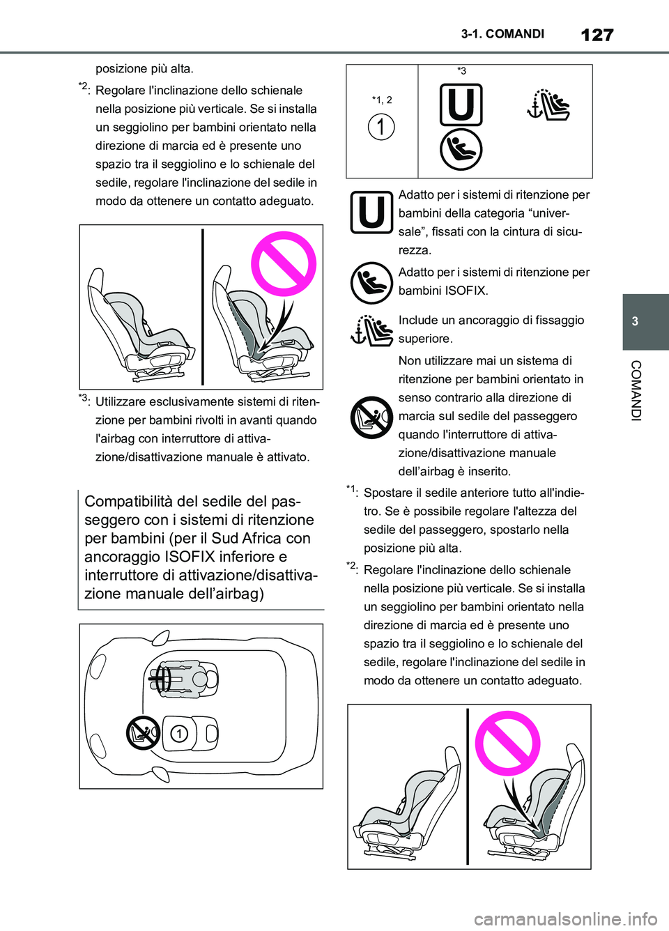 TOYOTA SUPRA 2021  Manuale duso (in Italian) 127
3 3-1. COMANDI
COMANDI
Supra Owners Manual_L (from Nov. 20 Prod.)
posizione più alta.
*2: Regolare linclinazione dello schienale 
nella posizione più verticale. Se si installa 
un seggiolino 
