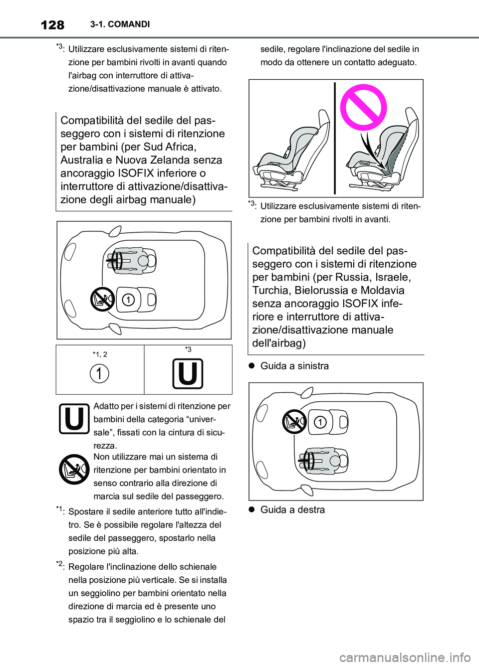 TOYOTA SUPRA 2021  Manuale duso (in Italian) 1283-1. COMANDI
Supra Owners Manual_L (from Nov. 20 Prod.)
*3: Utilizzare esclusivamente sistemi di riten-
zione per bambini rivolti in avanti quando 
lairbag con interruttore di attiva-
zione/disa
