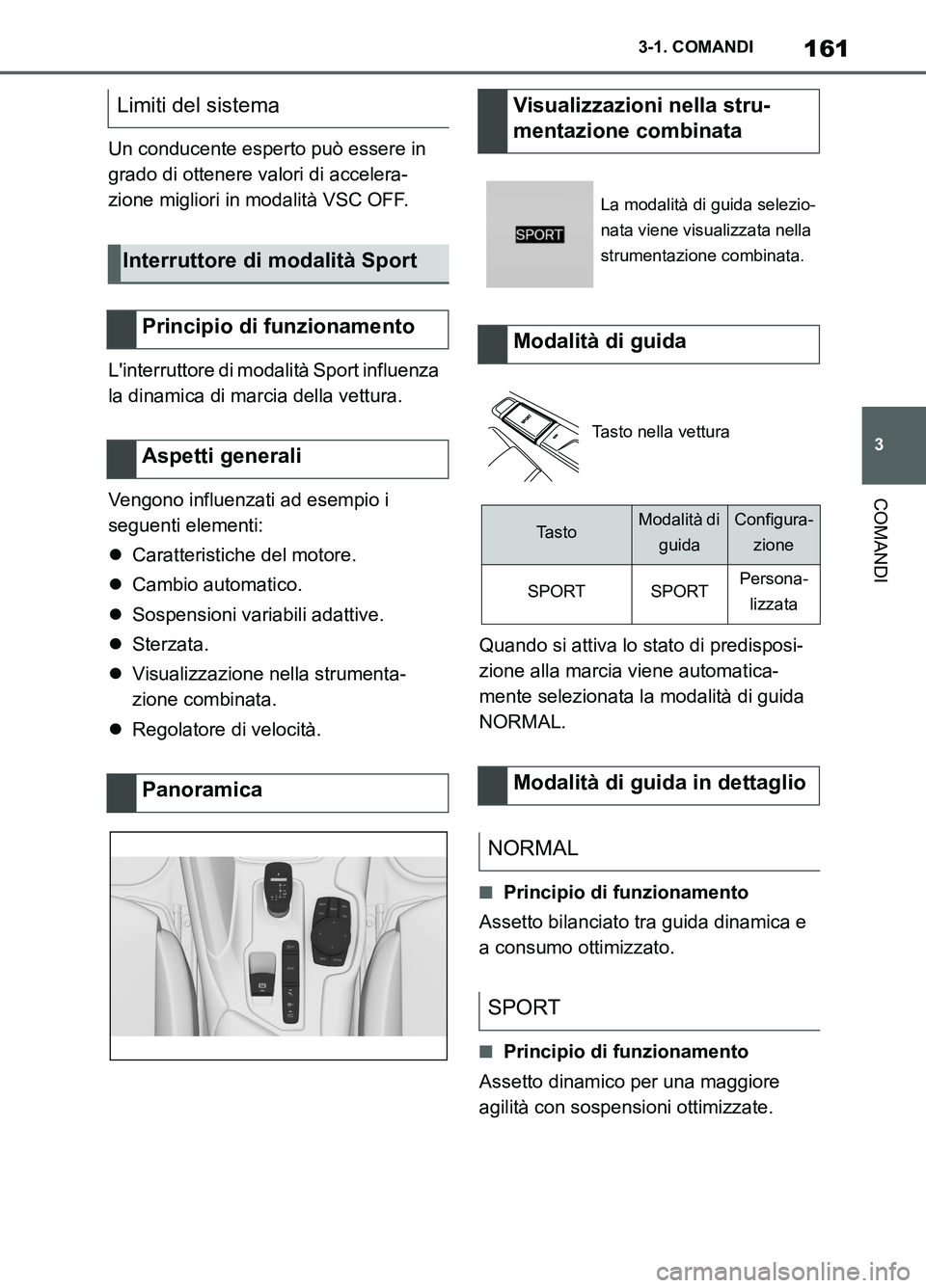 TOYOTA SUPRA 2021 Manuale duso (in Italian) 161
3 3-1. COMANDI
COMANDI
Supra Owners Manual_L (from Nov. 20 Prod.)Un conducente esperto può essere in
grado di ottenere valori di accelera-
zione migliori in modalità VSC OFF.
Linterruttore d TOYOTA SUPRA 2021 Manuale duso (in Italian) 161
3 3-1. COMANDI
COMANDI
Supra Owners Manual_L (from Nov. 20 Prod.)Un conducente esperto può essere in
grado di ottenere valori di accelera-
zione migliori in modalità VSC OFF.
Linterruttore d