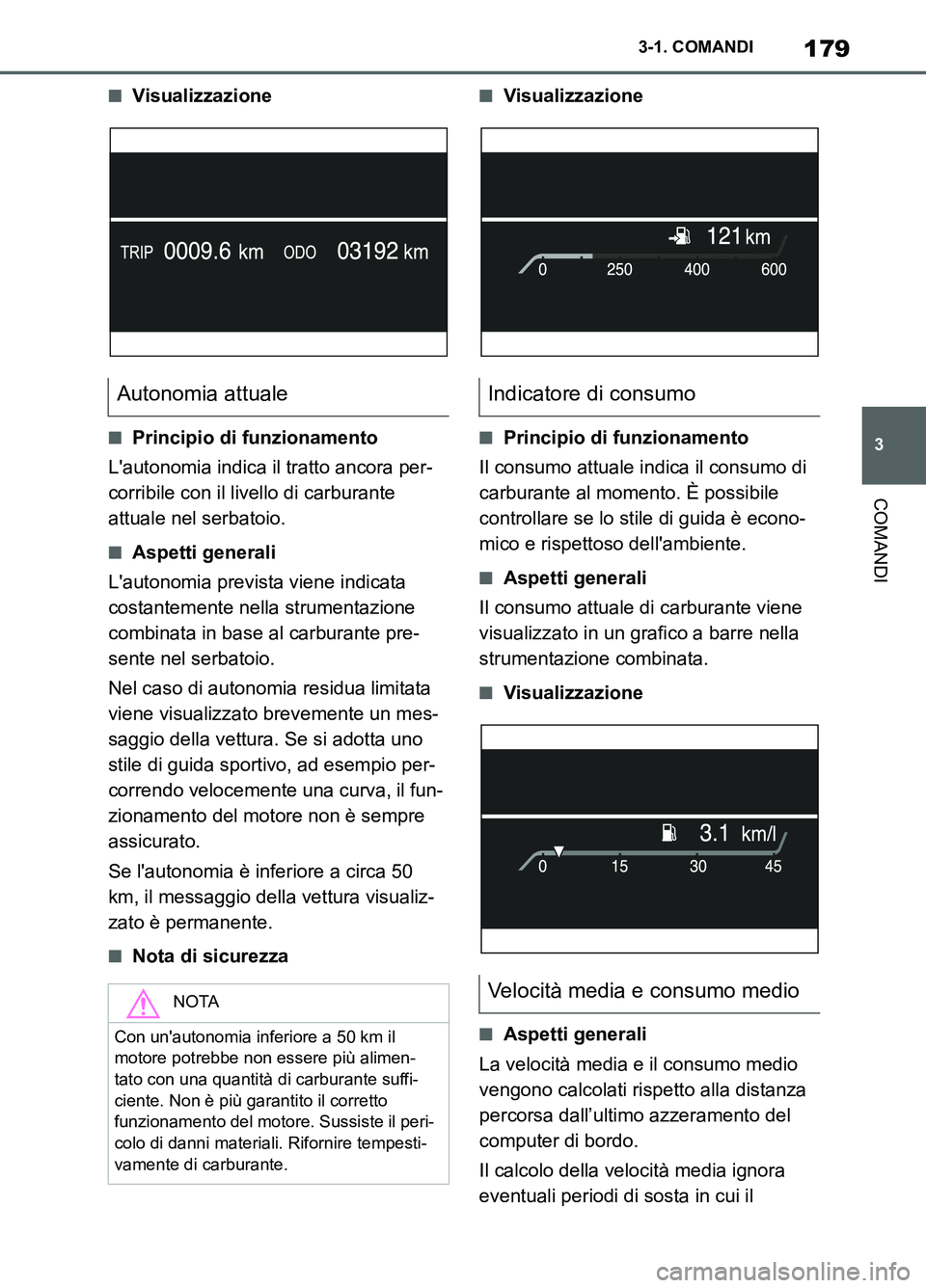 TOYOTA SUPRA 2021  Manuale duso (in Italian) 179
3 3-1. COMANDI
COMANDI
Supra Owners Manual_L (from Nov. 20 Prod.)
■Visualizzazione
■Principio di funzionamento
Lautonomia indica il tratto ancora per-
corribile con il livello di carburante