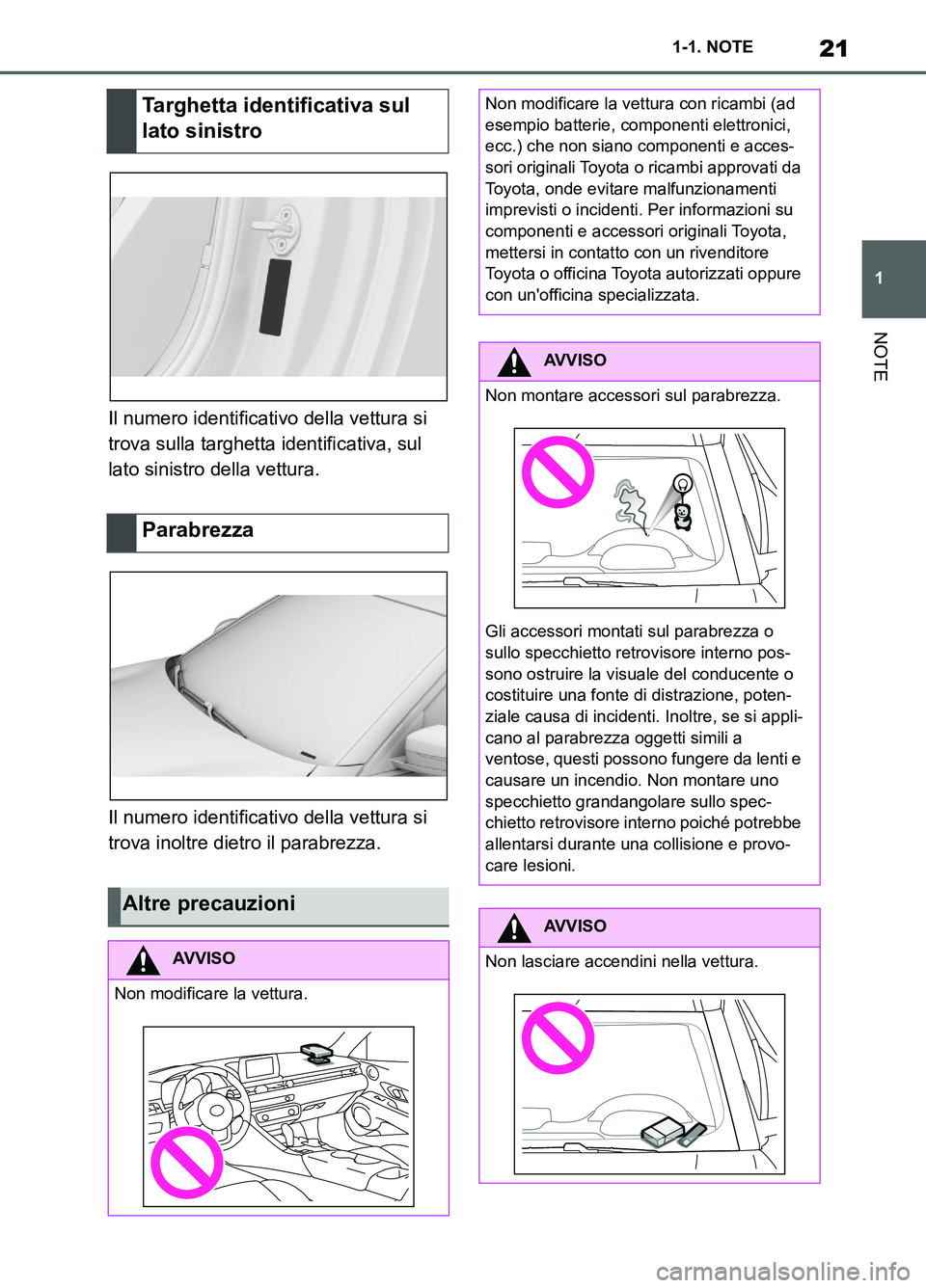 TOYOTA SUPRA 2021 Manuale duso (in Italian) 21
1 1-1. NOTE
NOTE
Supra Owners Manual_L (from Nov. 20 Prod.)Il numero identificativo della vettura si
trova sulla targhetta identificativa, sul
lato sinistro della vettura.
Il numero identificat TOYOTA SUPRA 2021 Manuale duso (in Italian) 21
1 1-1. NOTE
NOTE
Supra Owners Manual_L (from Nov. 20 Prod.)Il numero identificativo della vettura si
trova sulla targhetta identificativa, sul
lato sinistro della vettura.
Il numero identificat