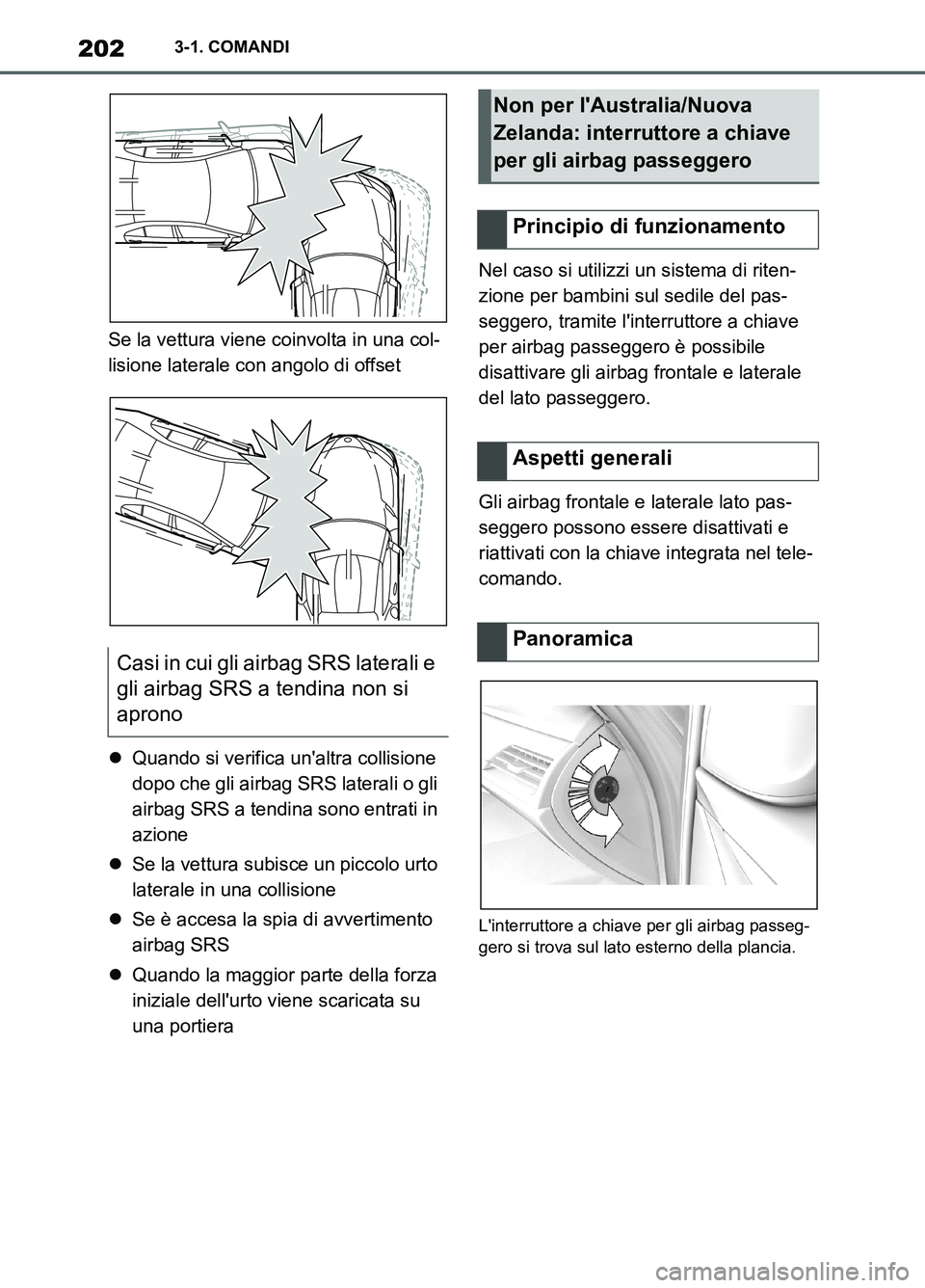 TOYOTA SUPRA 2021 Manuale duso (in Italian) 2023-1. COMANDI
Supra Owners Manual_L (from Nov. 20 Prod.)Se la vettura viene coinvolta in una col-
lisione laterale con angolo di offset
Quando si verifica unaltra collisione
dopo che gli airb TOYOTA SUPRA 2021 Manuale duso (in Italian) 2023-1. COMANDI
Supra Owners Manual_L (from Nov. 20 Prod.)Se la vettura viene coinvolta in una col-
lisione laterale con angolo di offset
Quando si verifica unaltra collisione
dopo che gli airb