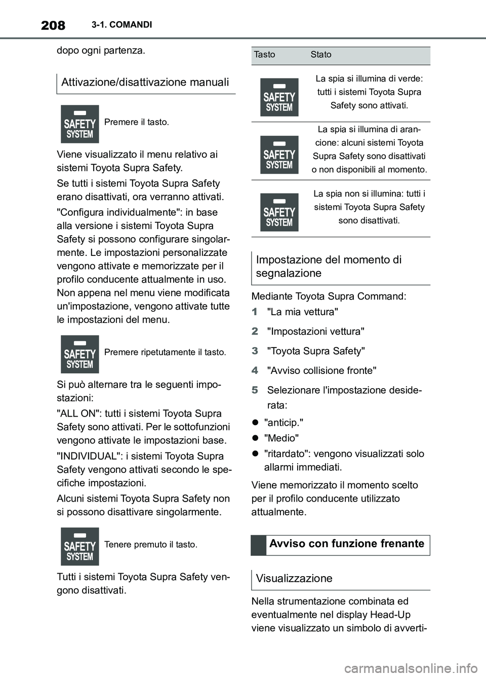 TOYOTA SUPRA 2021 Manuale duso (in Italian) 2083-1. COMANDI
Supra Owners Manual_L (from Nov. 20 Prod.)dopo ogni partenza.
Viene visualizzato il menu relativo ai
sistemi Toyota Supra Safety.
Se tutti i sistemi Toyota Supra Safety
erano disat TOYOTA SUPRA 2021 Manuale duso (in Italian) 2083-1. COMANDI
Supra Owners Manual_L (from Nov. 20 Prod.)dopo ogni partenza.
Viene visualizzato il menu relativo ai
sistemi Toyota Supra Safety.
Se tutti i sistemi Toyota Supra Safety
erano disat