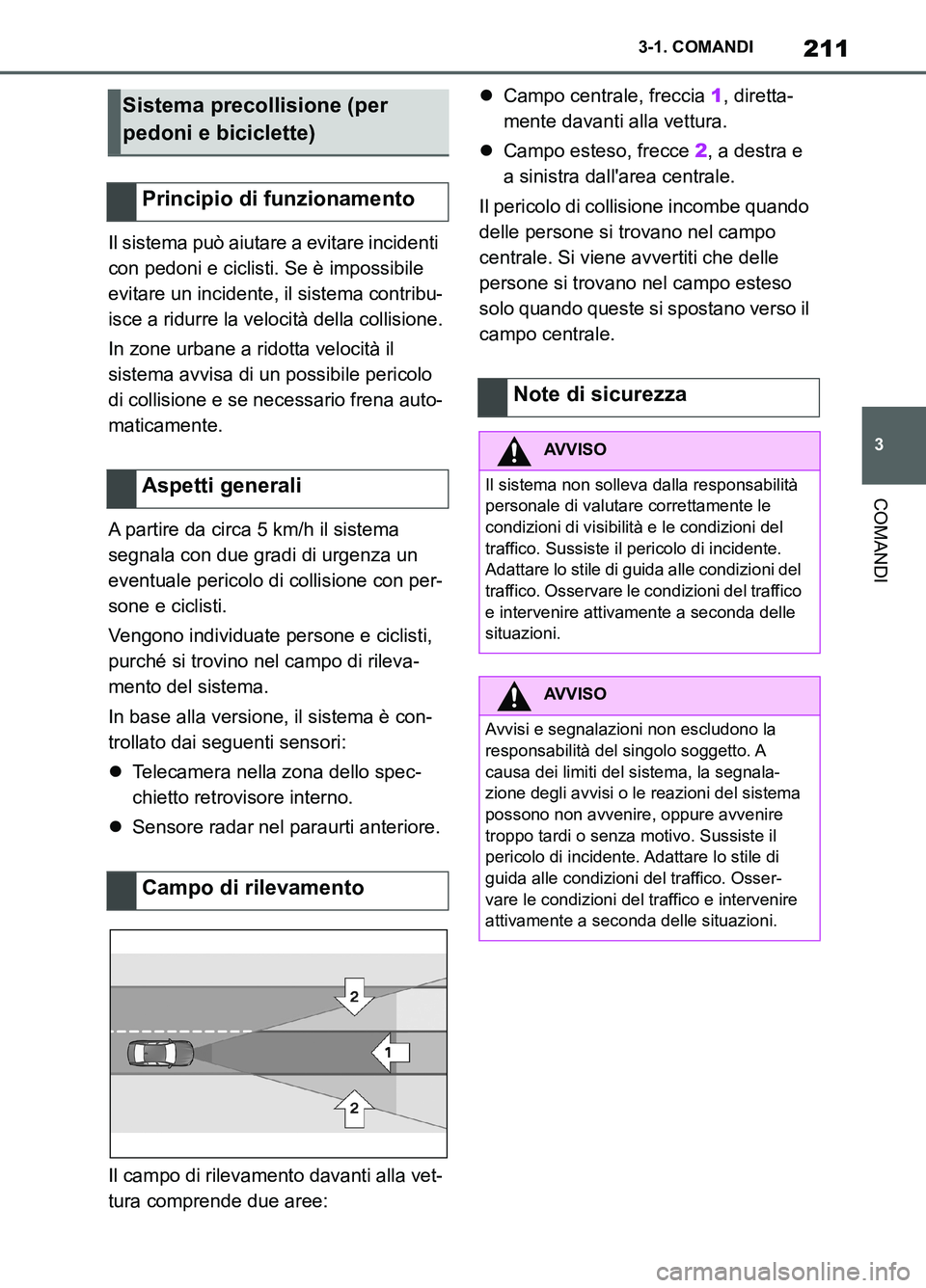 TOYOTA SUPRA 2021  Manuale duso (in Italian) 211
3 3-1. COMANDI
COMANDI
Supra Owners Manual_L (from Nov. 20 Prod.)Il sistema può aiutare a evitare incidenti 
con pedoni e ciclisti. Se è impossibile 
evitare un incidente, il sistema contribu-