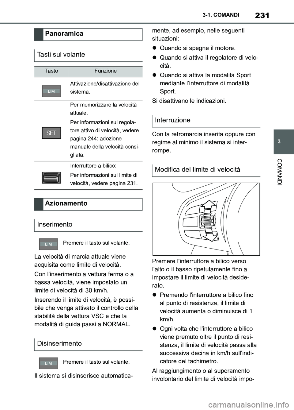 TOYOTA SUPRA 2021  Manuale duso (in Italian) 231
3 3-1. COMANDI
COMANDI
Supra Owners Manual_L (from Nov. 20 Prod.)La velocità di marcia attuale viene 
acquisita come limite di velocità.
Con linserimento a vettura ferma o a 
bassa velocità,