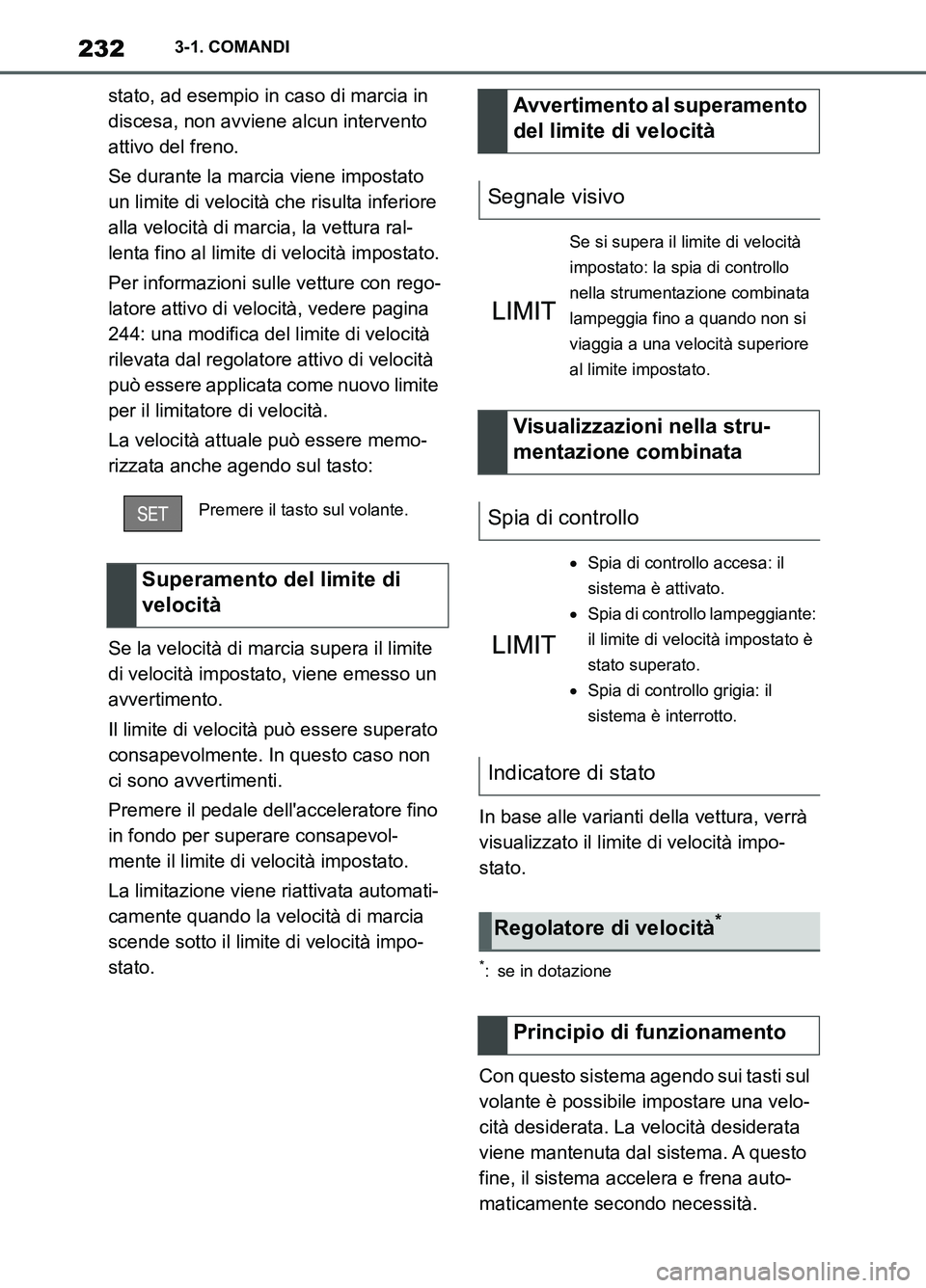 TOYOTA SUPRA 2021  Manuale duso (in Italian) 2323-1. COMANDI
Supra Owners Manual_L (from Nov. 20 Prod.)stato, ad esempio in caso di marcia in 
discesa, non avviene alcun intervento 
attivo del freno.
Se durante la marcia viene impostato 
un li