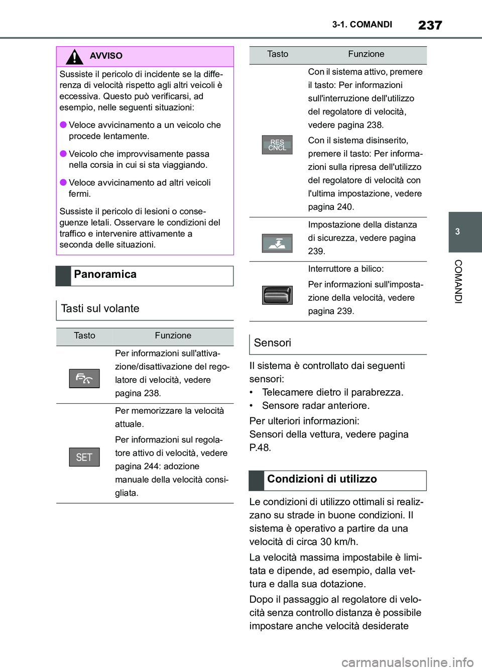 TOYOTA SUPRA 2021  Manuale duso (in Italian) 237
3 3-1. COMANDI
COMANDI
Supra Owners Manual_L (from Nov. 20 Prod.)Il sistema è controllato dai seguenti 
sensori:
• Telecamere dietro il parabrezza.
• Sensore radar anteriore.
Per ulteriori 